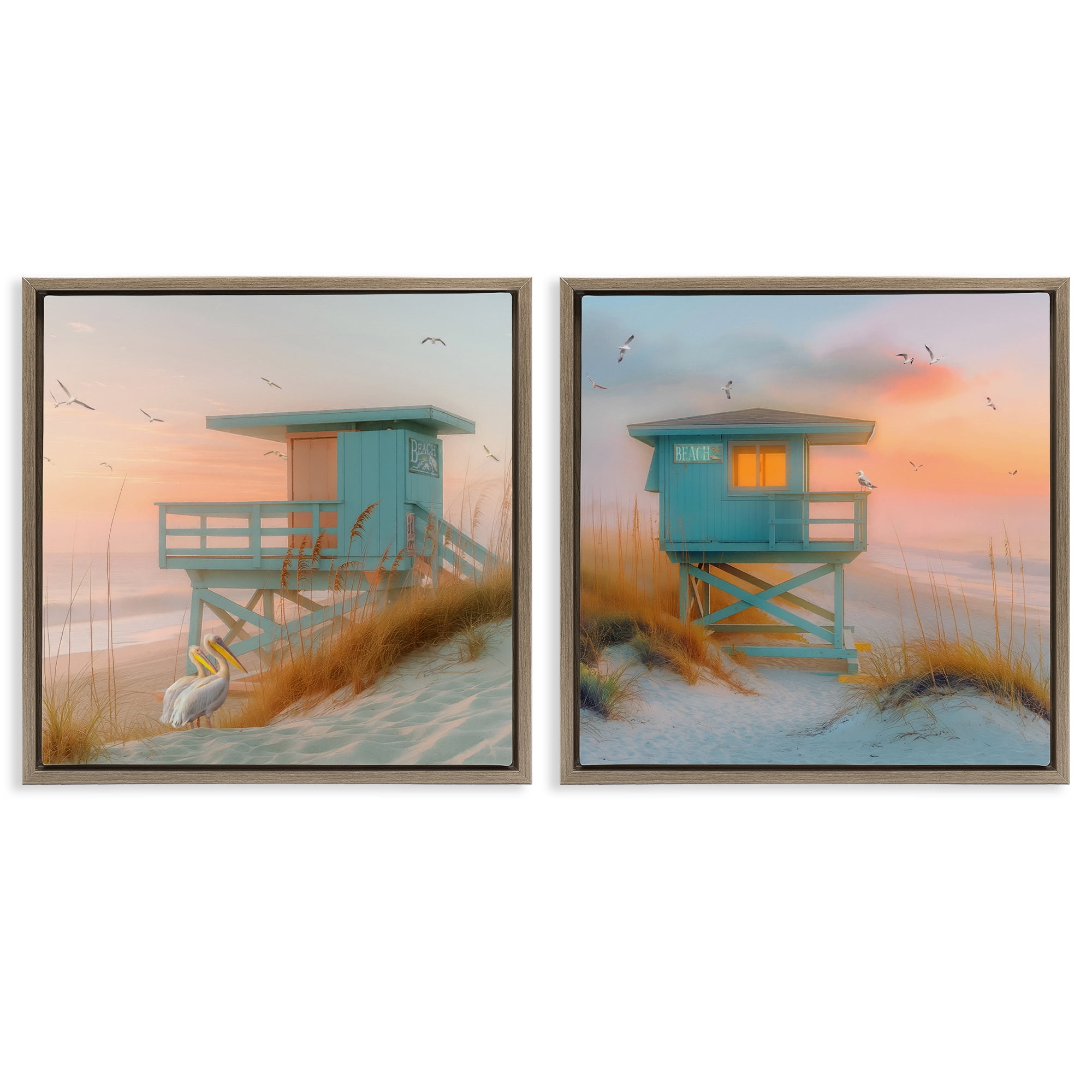 Stupell Industries Lifeguard Beach Hut Pelicans Nautical & Beach Painting Brown Floater Framed Canvas Art Print Wall Art, 18 x 18, Set of 2