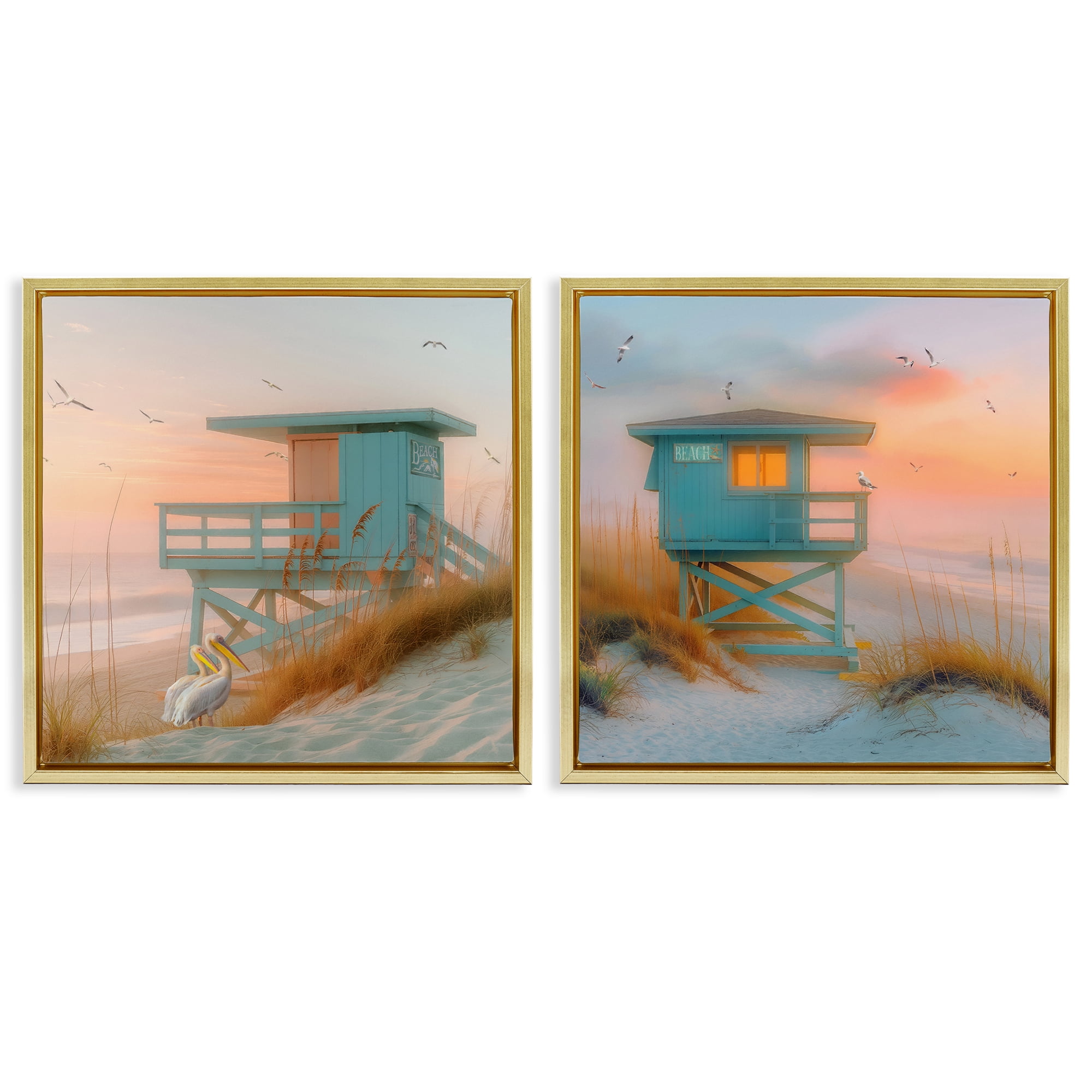 Stupell Industries Lifeguard Beach Hut Pelicans Nautical & Beach Painting Gold Floater Framed Canvas Art Print Wall Art, 18 x 18, Set of 2