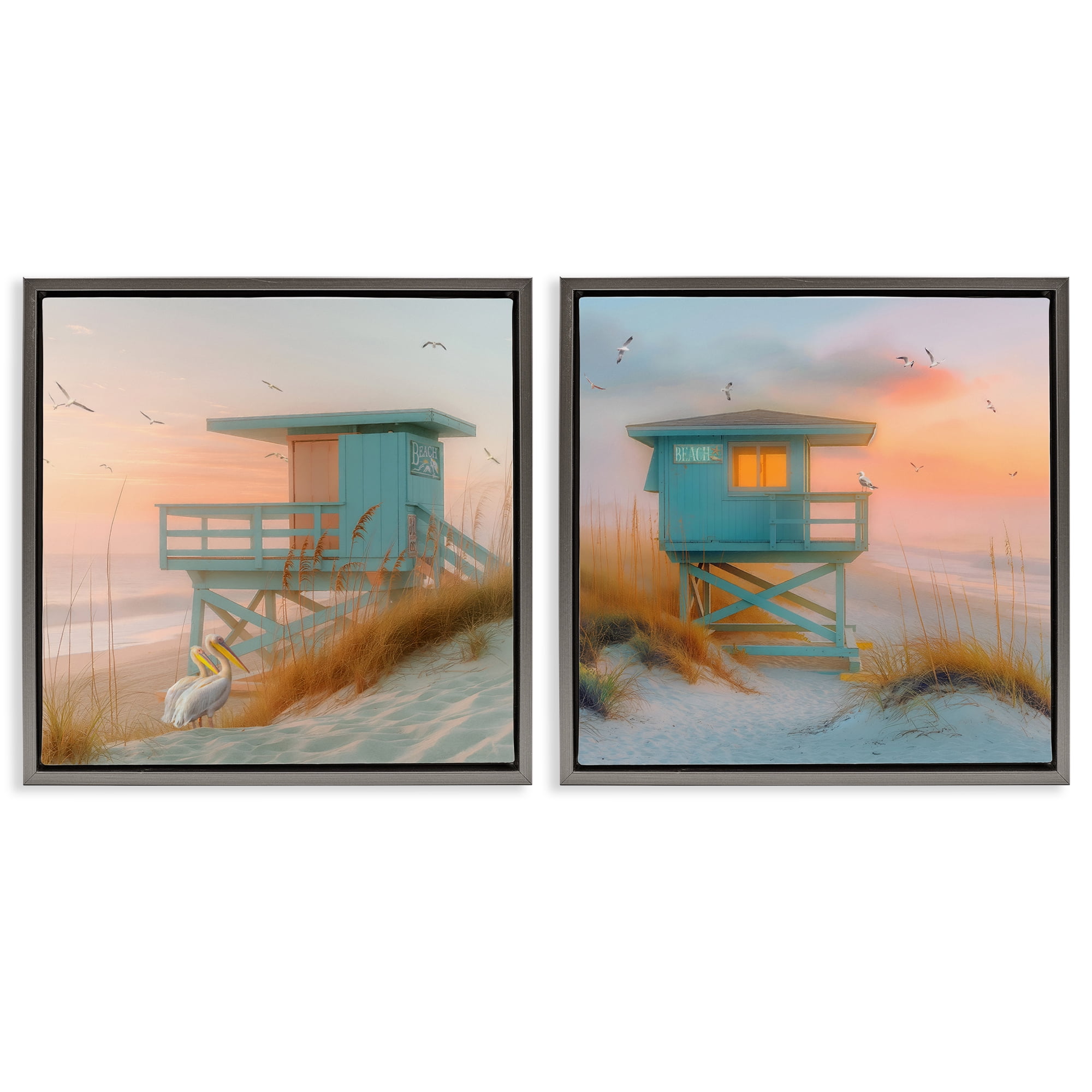 Stupell Industries Lifeguard Beach Hut Pelicans Nautical & Beach Painting Gray Floater Framed Canvas Art Print Wall Art, 18 x 18, Set of 2