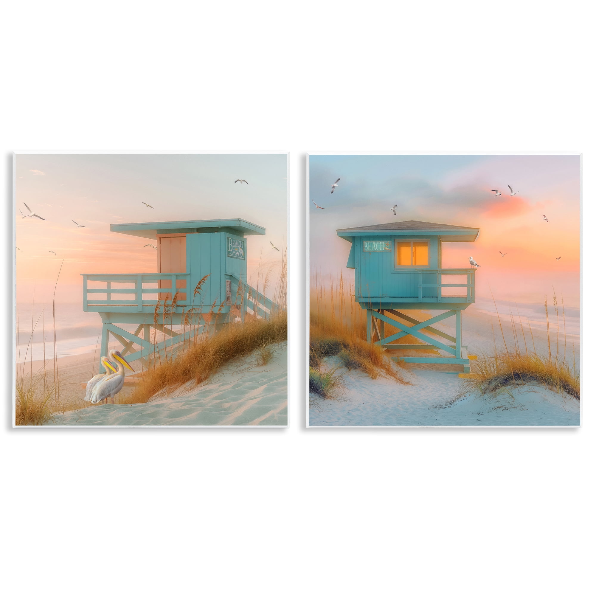 Stupell Industries Lifeguard Beach Hut Pelicans Nautical & Beach Painting Unframed Art Print Wall Art, 12 x 12, Set of 2