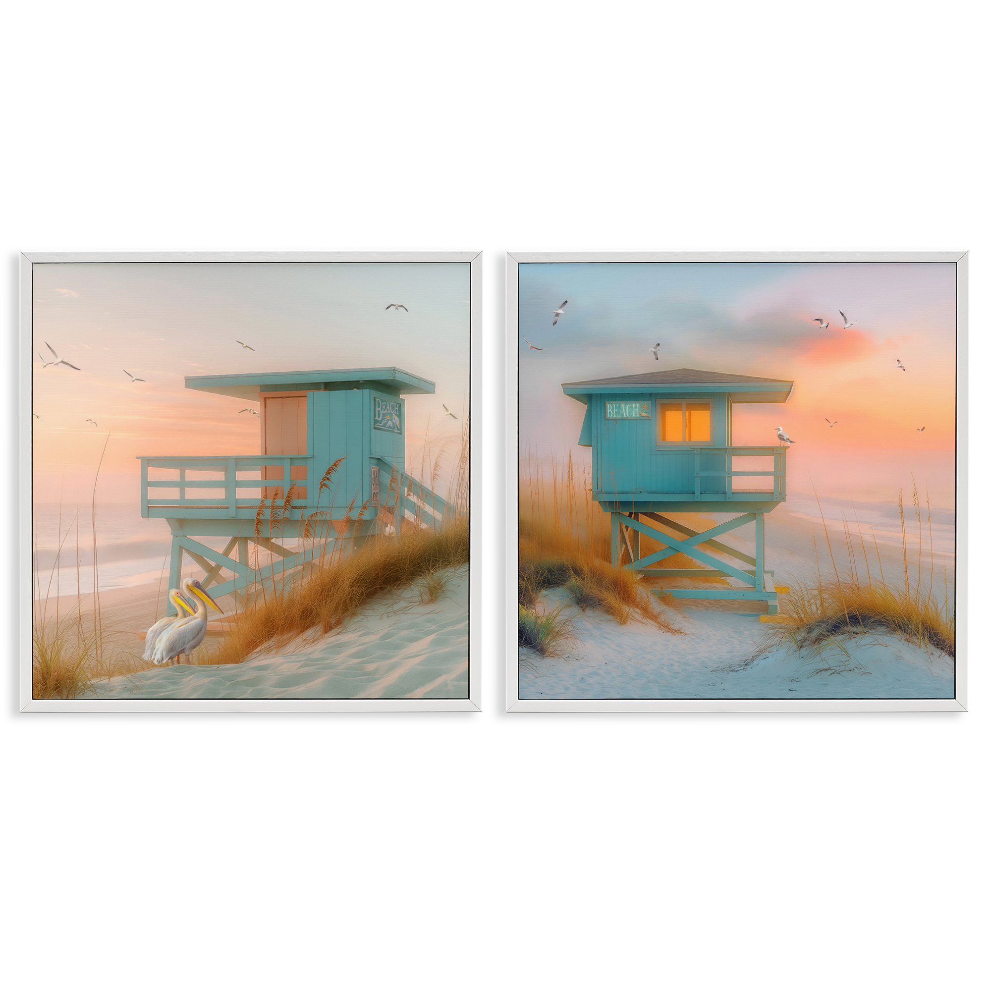 Stupell Industries Lifeguard Beach Hut Pelicans Nautical & Beach Painting White Framed Art Print Wall Art, 17 x 17, Set of 2