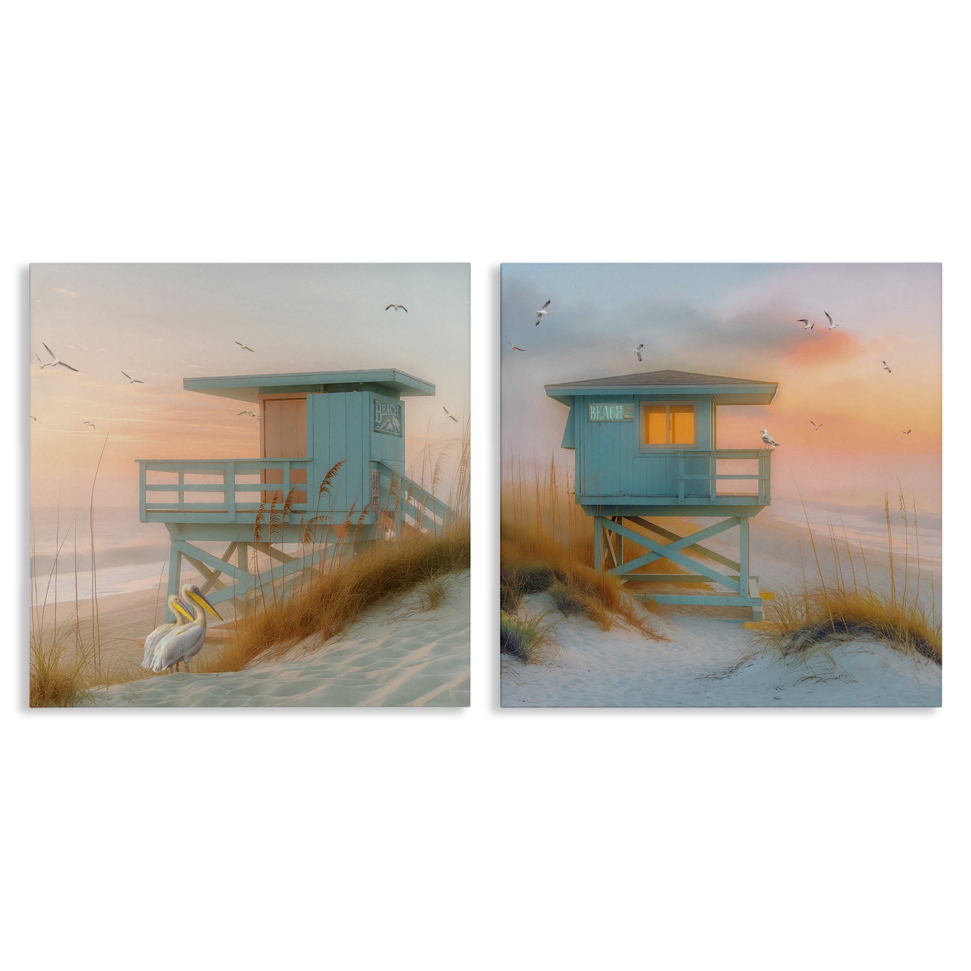 Stupell Industries Lifeguard Beach Hut Pelicans Nautical & Beach Painting Wrapped Canvas Art Print Wall Art, 17 x 17, Set of 2