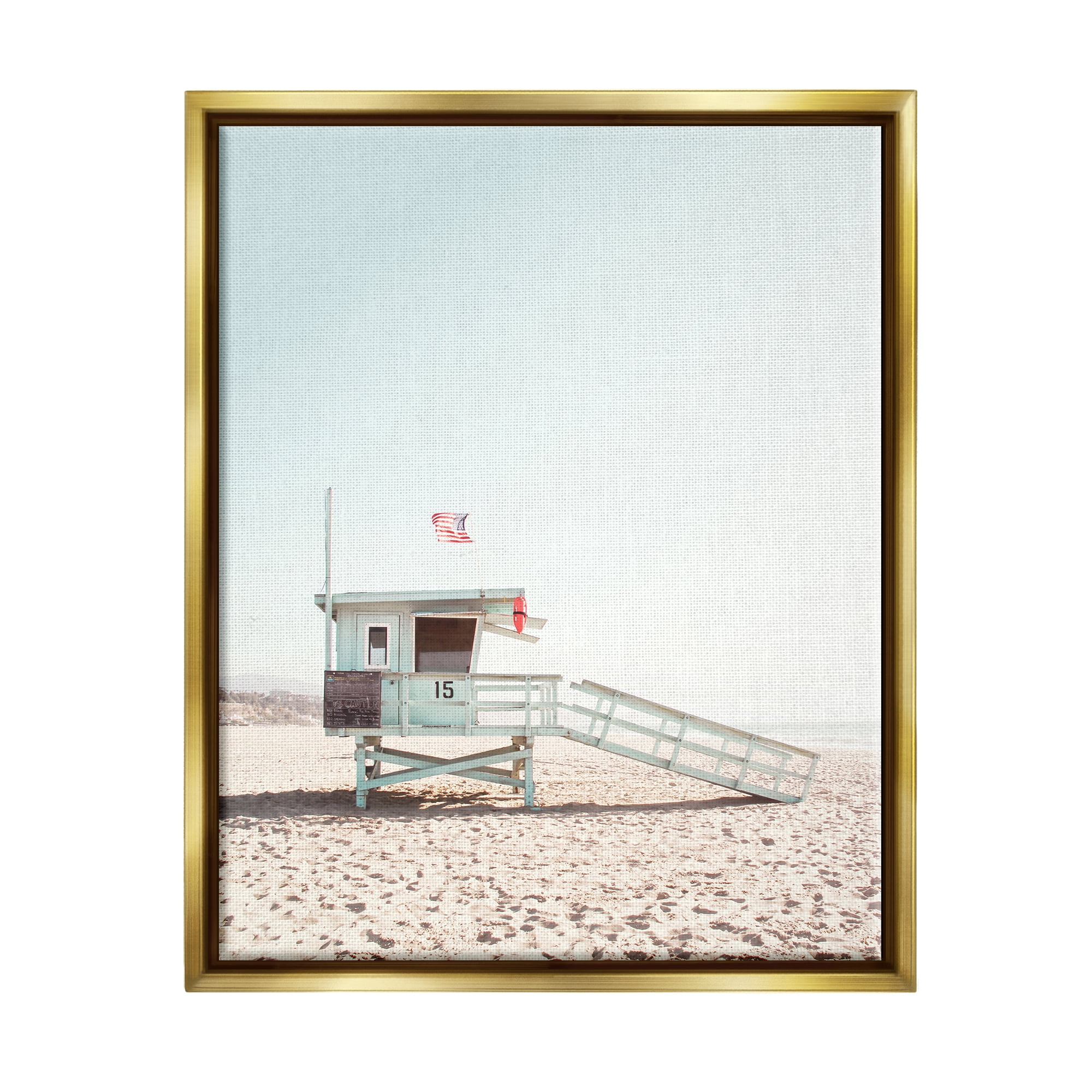 Stupell Industries Lifeguard Hut Photography Nature Photography Gold Floater Framed Art Print Wall Art, 17 x 21