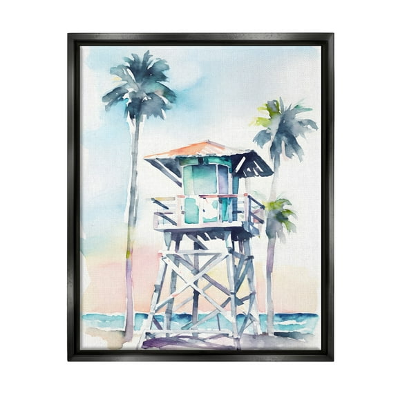 Stupell Industries Lifeguard Hut on Beach Landscape Painting Black Floater Framed Canvas Art Print Wall Art, 17 x 21