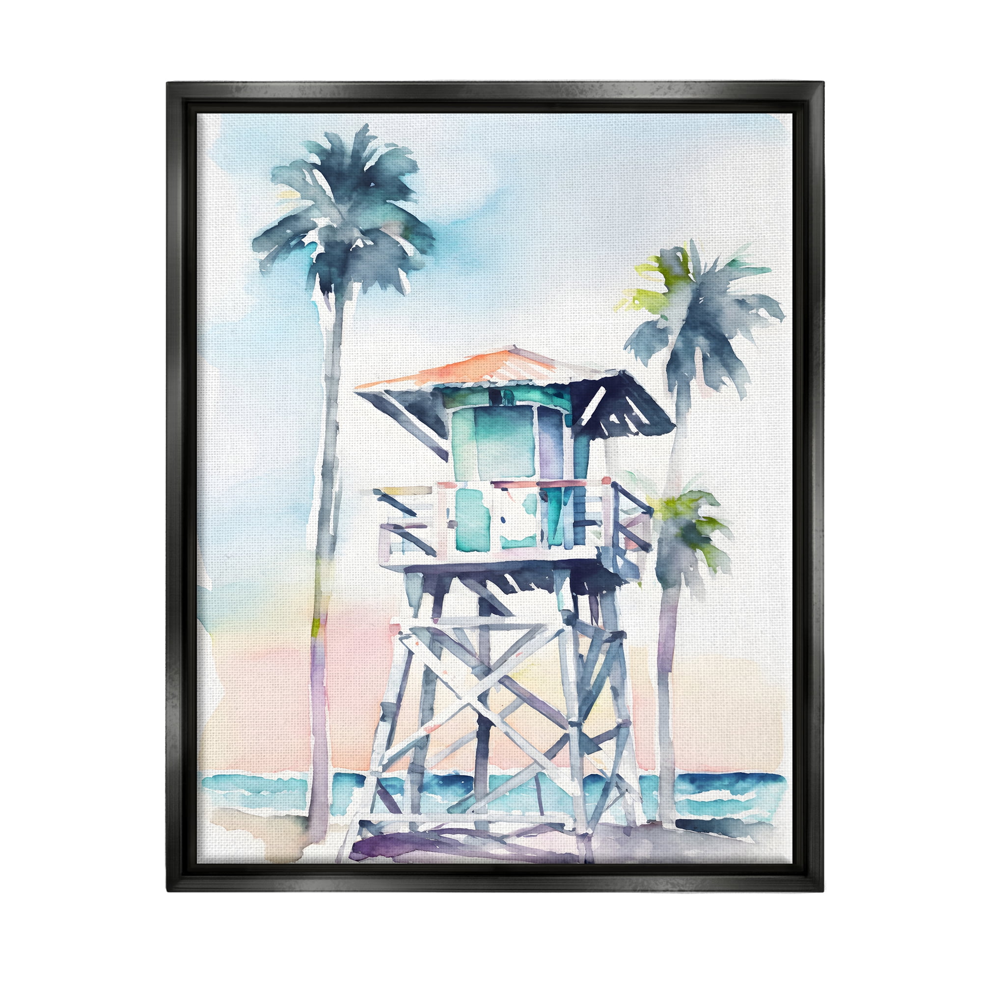 Stupell Industries Lifeguard Hut on Beach Landscape Painting Black Floater Framed Canvas Art Print Wall Art, 25 x 31