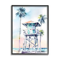 Stupell Industries Lifeguard Hut on Beach Landscape Painting Black Framed Art Print Wall Art, 11 x 14