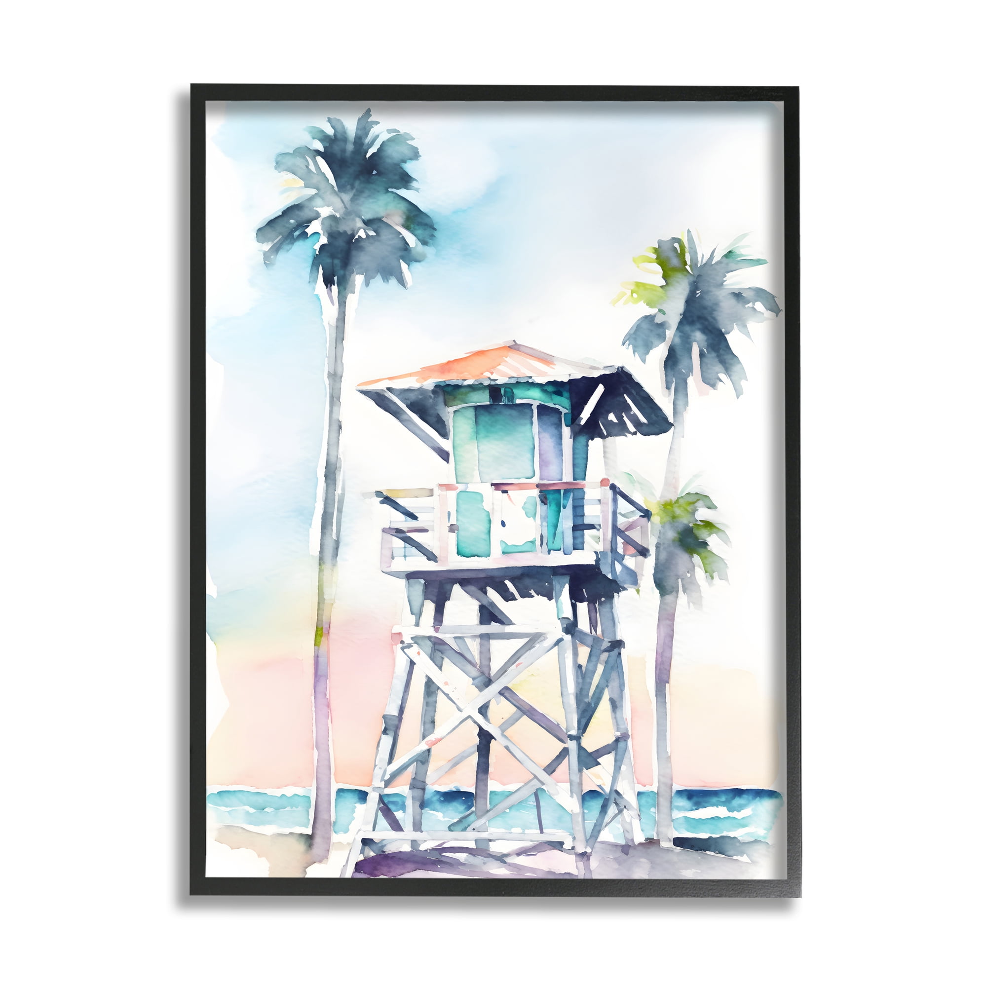 Stupell Industries Lifeguard Hut on Beach Landscape Painting Black Framed Art Print Wall Art, 24 x 30