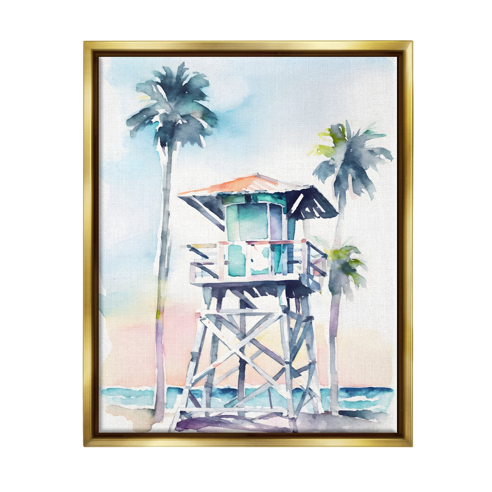 Stupell Industries Lifeguard Hut on Beach Landscape Painting Gold Floater Framed Canvas Art Print Wall Art, 17 x 21