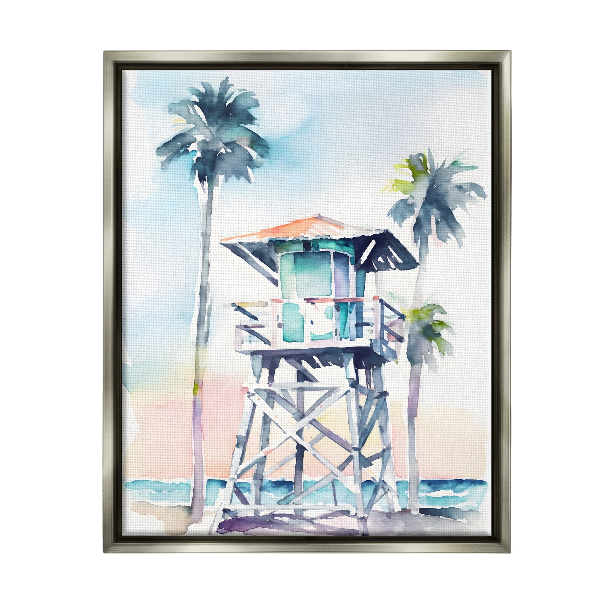 Stupell Industries Lifeguard Hut on Beach Landscape Painting Gray Floater Framed Canvas Art Print Wall Art, 17 x 21
