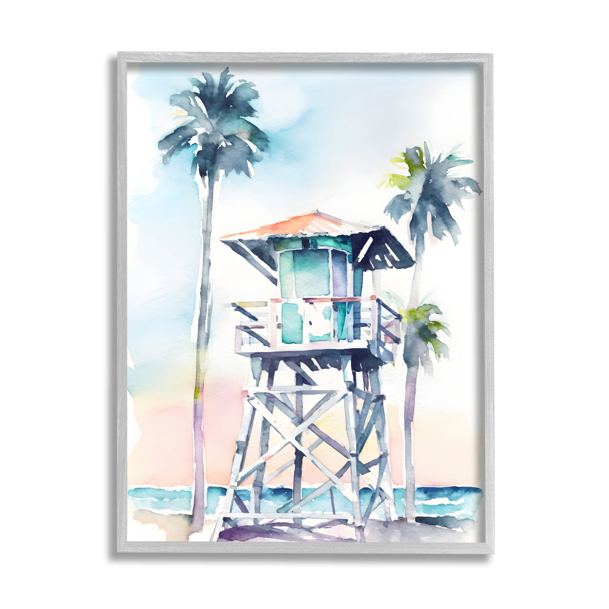 Stupell Industries Lifeguard Hut on Beach Landscape Painting Gray Framed Art Print Wall Art, 11 x 14