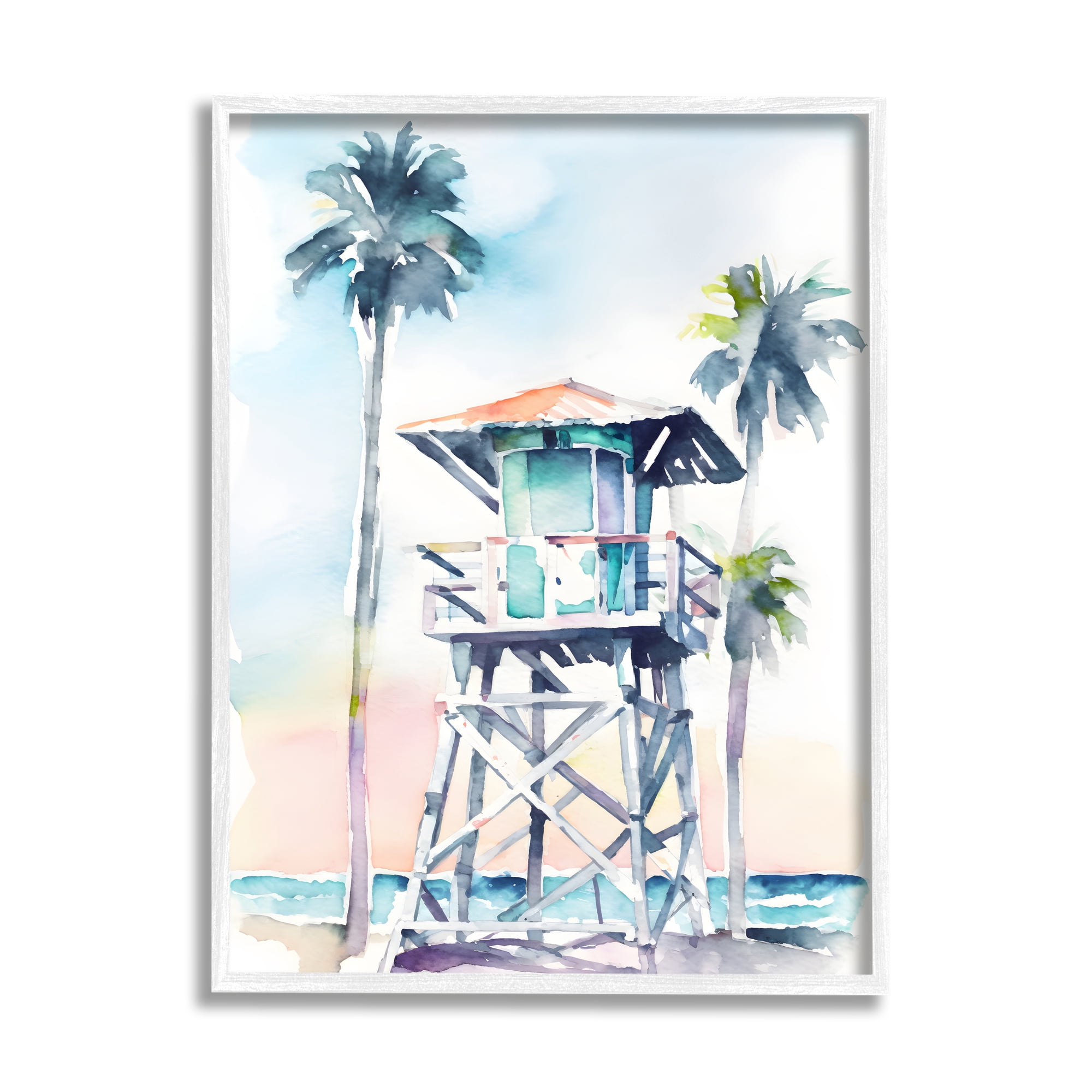 Stupell Industries Lifeguard Hut on Beach Landscape Painting White Framed Art Print Wall Art, 24 x 30
