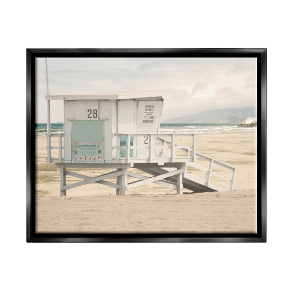 Stupell Industries Lifeguard Hut on Beach Landscape Photography Black Floater Framed Canvas Art Print Wall Art, 21 x 17