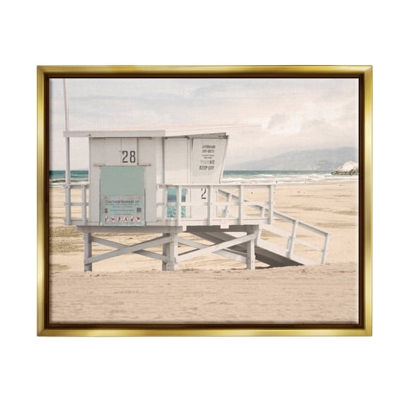 Stupell Industries Lifeguard Hut on Beach Landscape Photography Gold Floater Framed Canvas Art Print Wall Art, 21 x 17