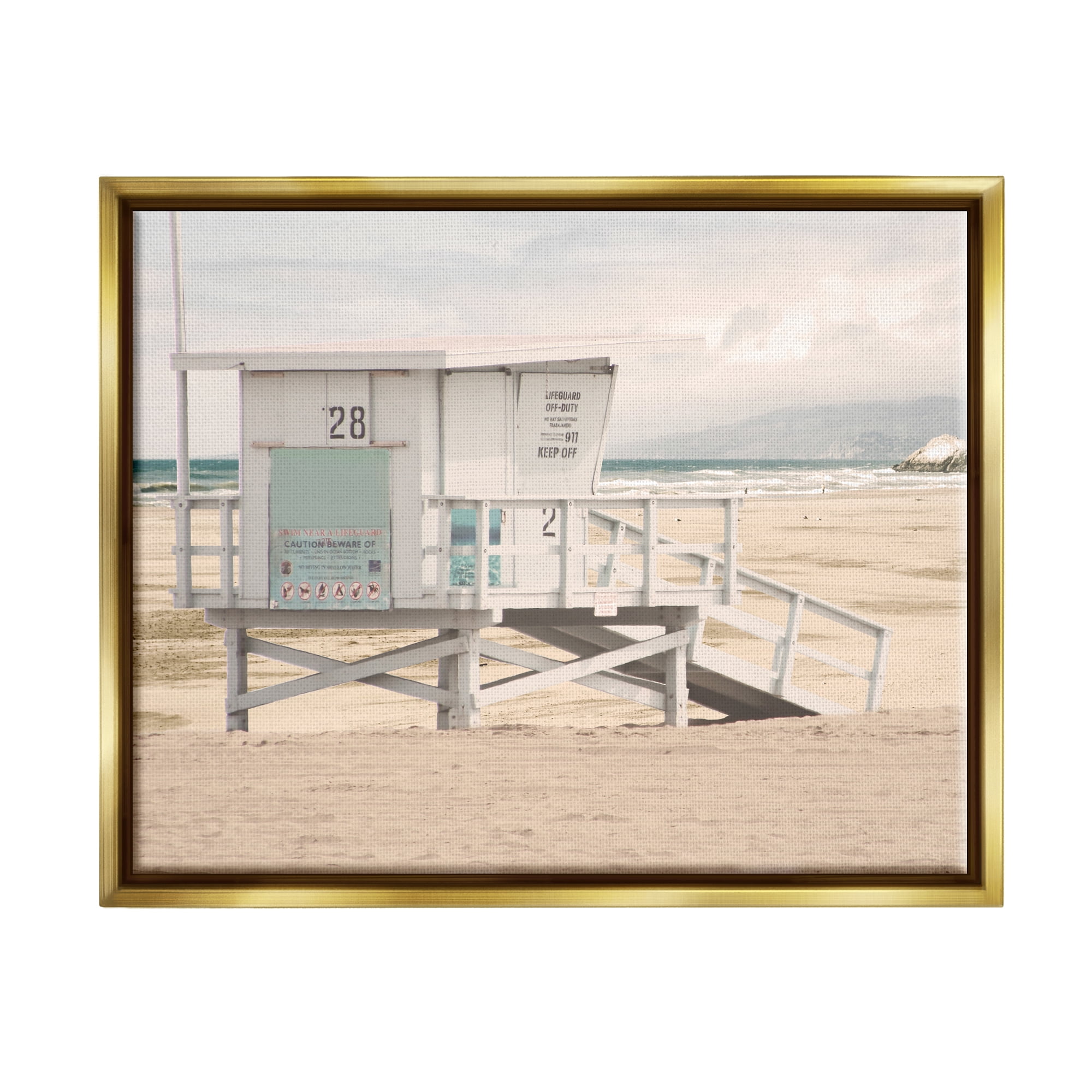 Stupell Industries Lifeguard Hut on Beach Landscape Photography Gold Floater Framed Canvas Art Print Wall Art, 31 x 25