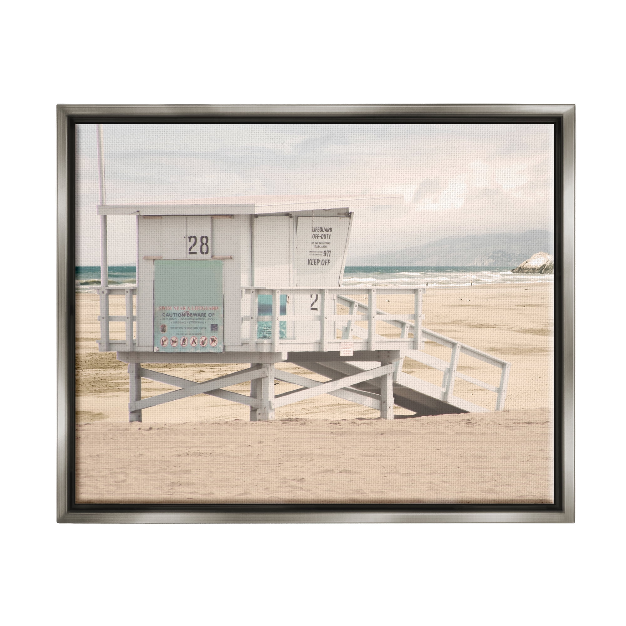 Stupell Industries Lifeguard Hut on Beach Landscape Photography Gray Floater Framed Canvas Art Print Wall Art, 21 x 17