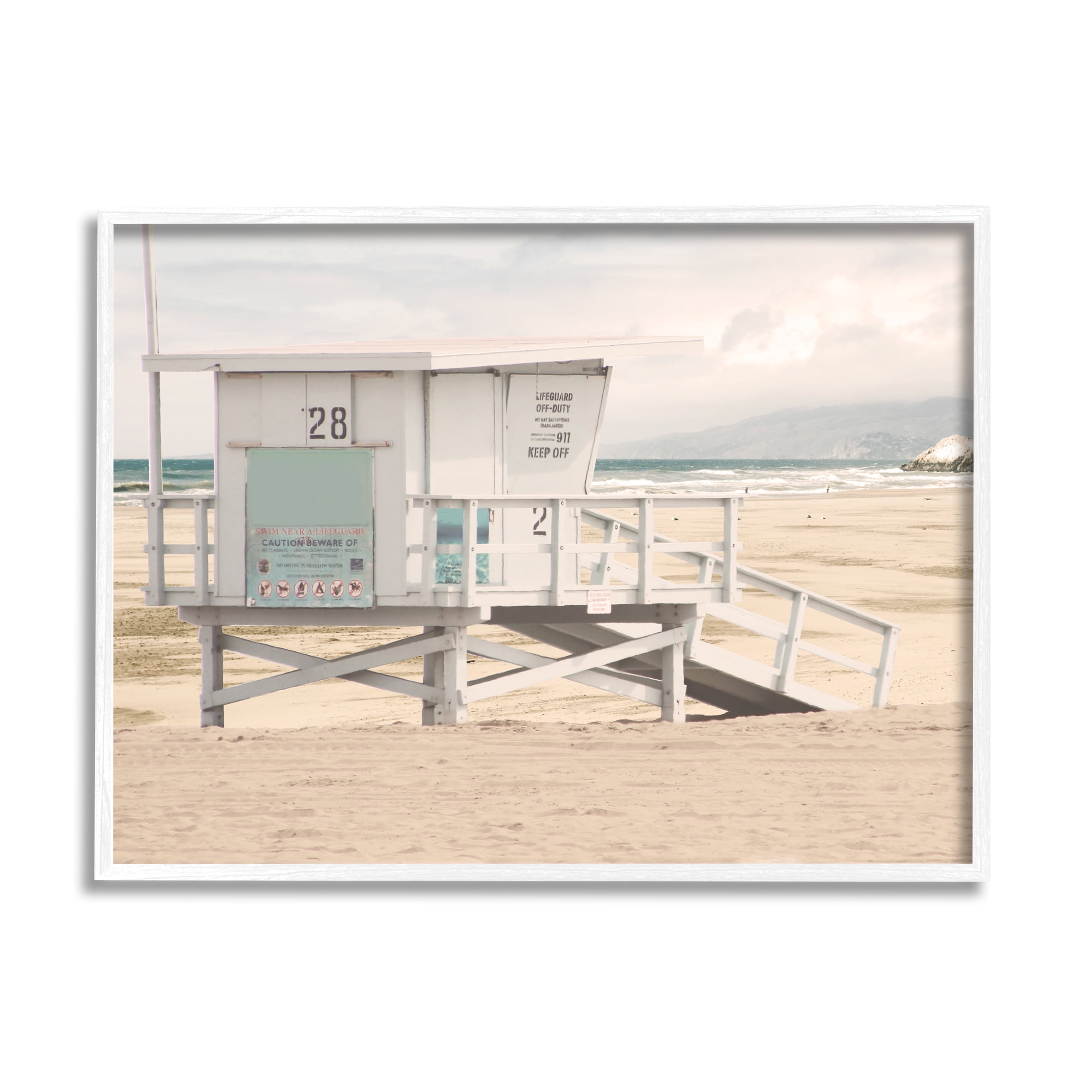 Stupell Industries Lifeguard Hut on Beach Landscape Photography White Framed Art Print Wall Art, 30 x 24