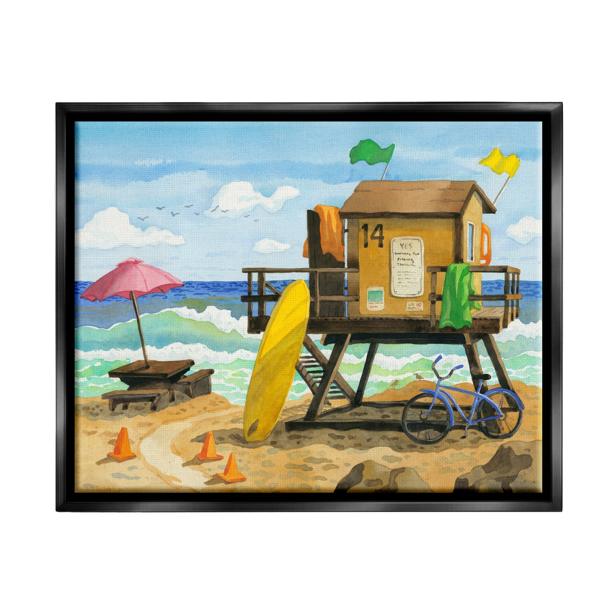 Stupell Industries Lifeguard Hut on Beach Nature Painting Black Floater Framed Art Print Wall Art, 21 x 17