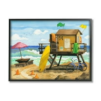 Stupell Industries Lifeguard Hut on Beach Nature Painting Black Framed Art Print Wall Art, 14 x 11