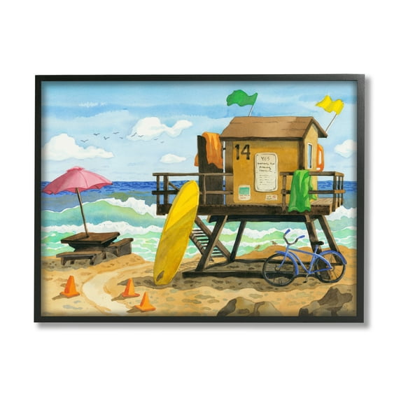 Stupell Industries Lifeguard Hut on Beach Nature Painting Black Framed Art Print Wall Art, 14 x 11