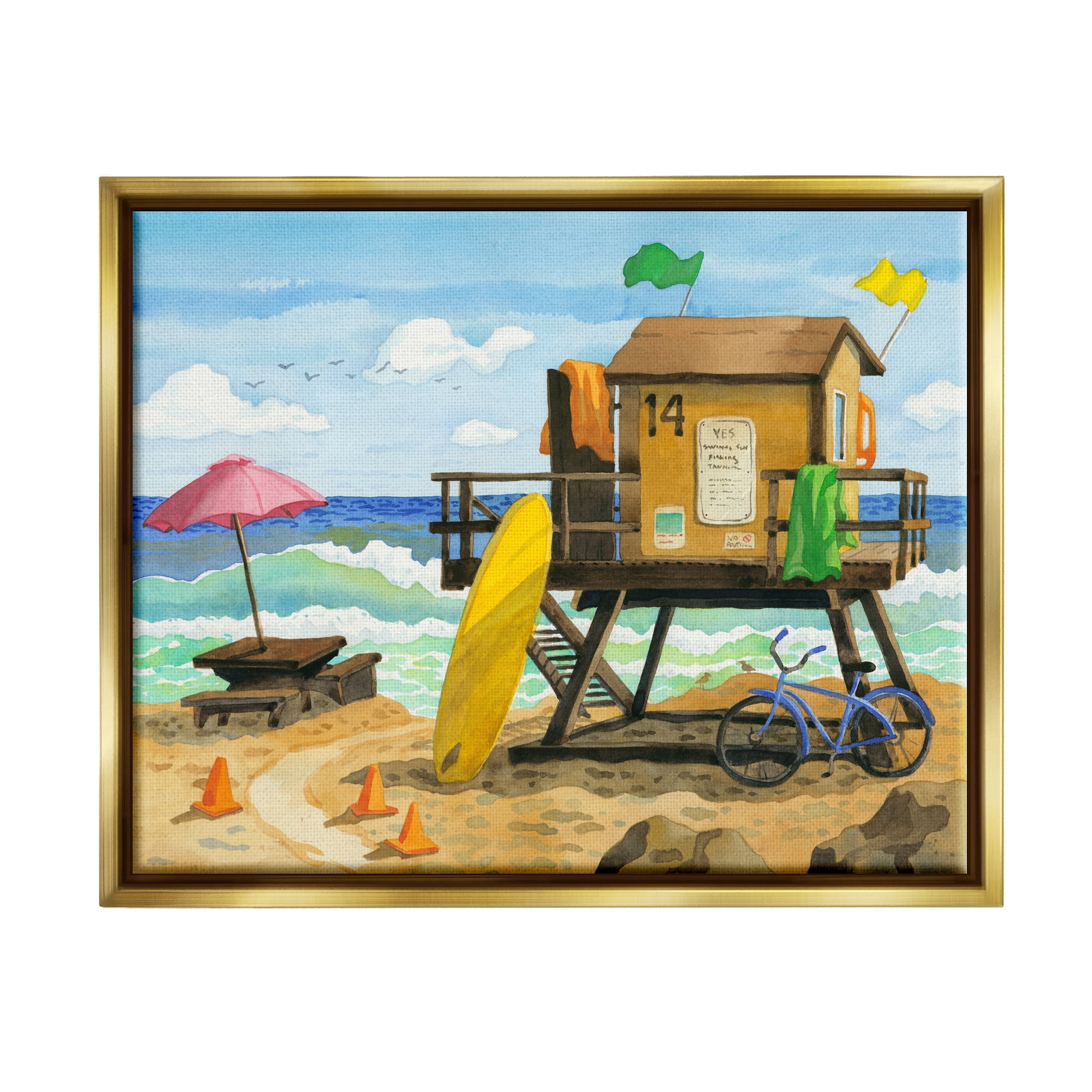 Stupell Industries Lifeguard Hut on Beach Nature Painting Gold Floater Framed Art Print Wall Art, 31 x 25