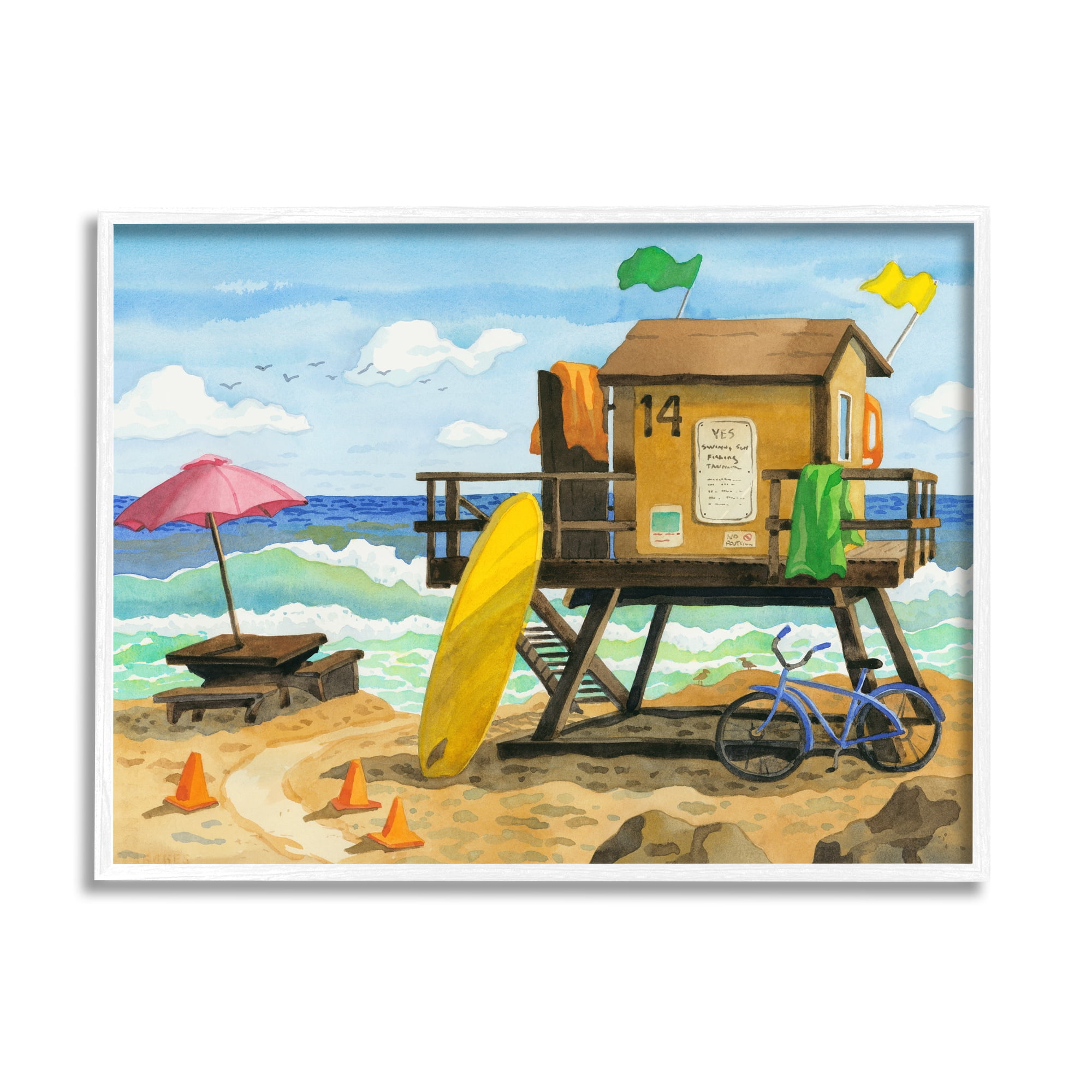 Stupell Industries Lifeguard Hut on Beach Nature Painting White Framed Art Print Wall Art, 20 x 16