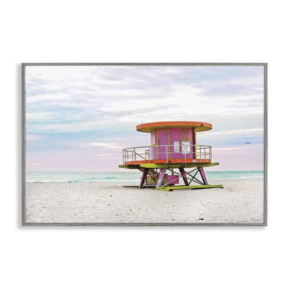 Stupell Industries Lifeguard Hut with Pastel Sky Landscape & Nature Photography Gray Framed Art Print Wall Art, 18 x 12