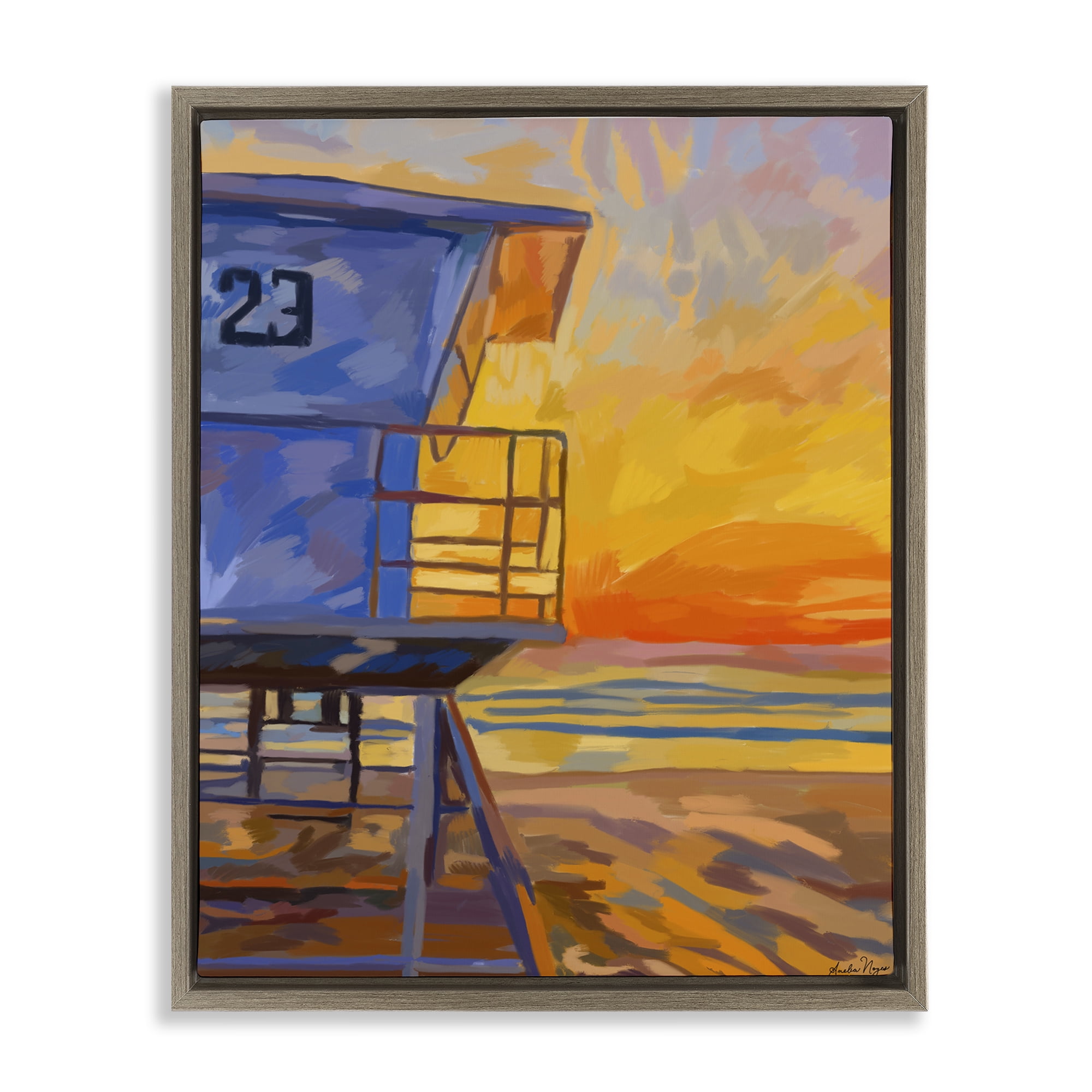 Stupell Industries Lifeguard Stand Sunset Brown Framed Floater Canvas Wall Art, design by Amelia Noyes