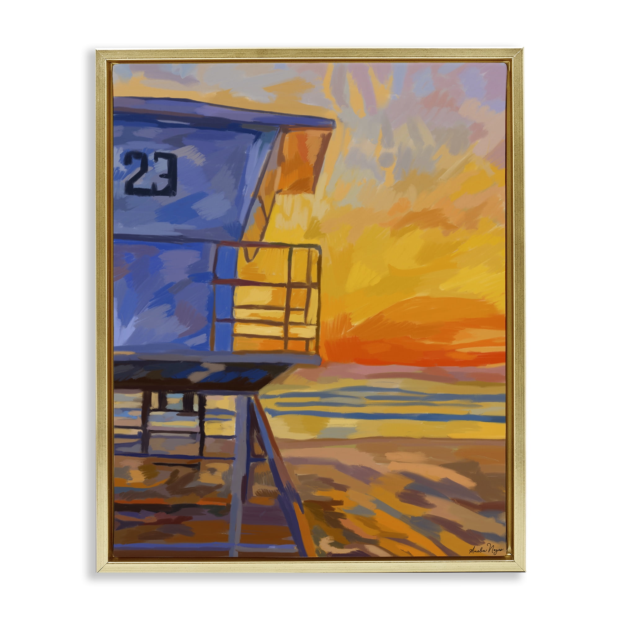 Stupell Industries Lifeguard Stand Sunset Gold Framed Floater Canvas Wall Art, design by Amelia Noyes