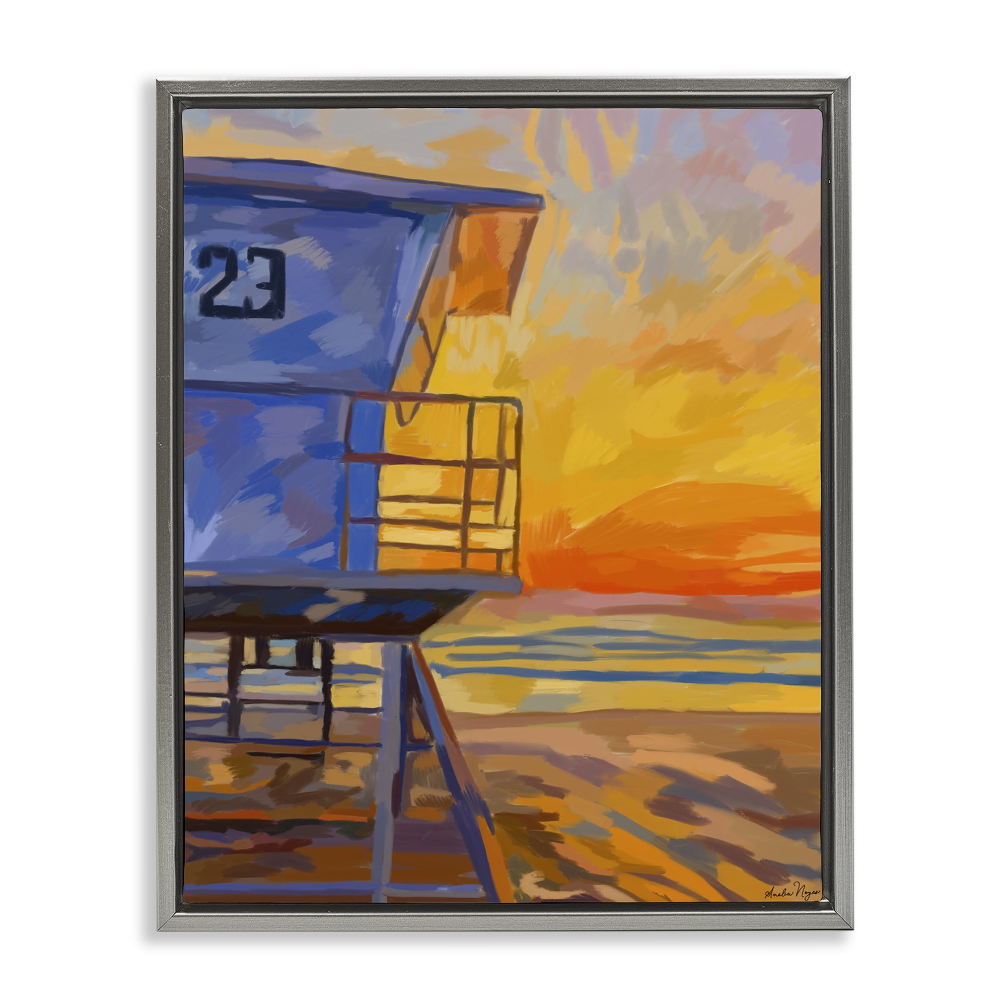Stupell Industries Lifeguard Stand Sunset Gray Framed Floater Canvas Wall Art, design by Amelia Noyes