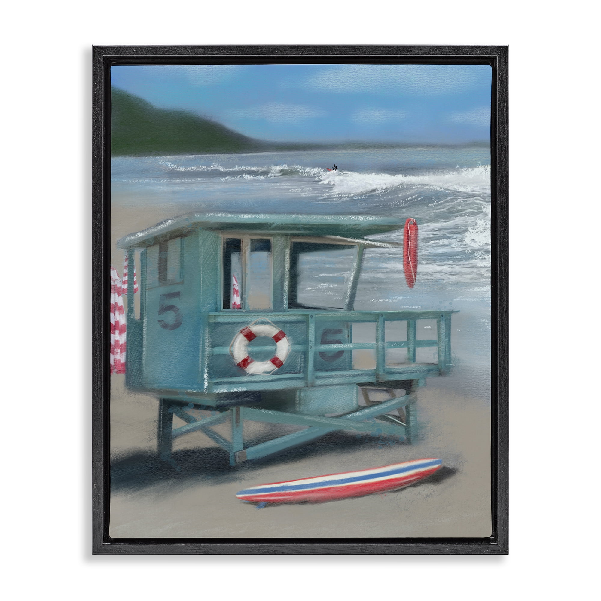 Stupell Industries Lifeguard Stand on Shore Coastal Painting Black Floater Framed Canvas Art Print Wall Art, 17 x 21