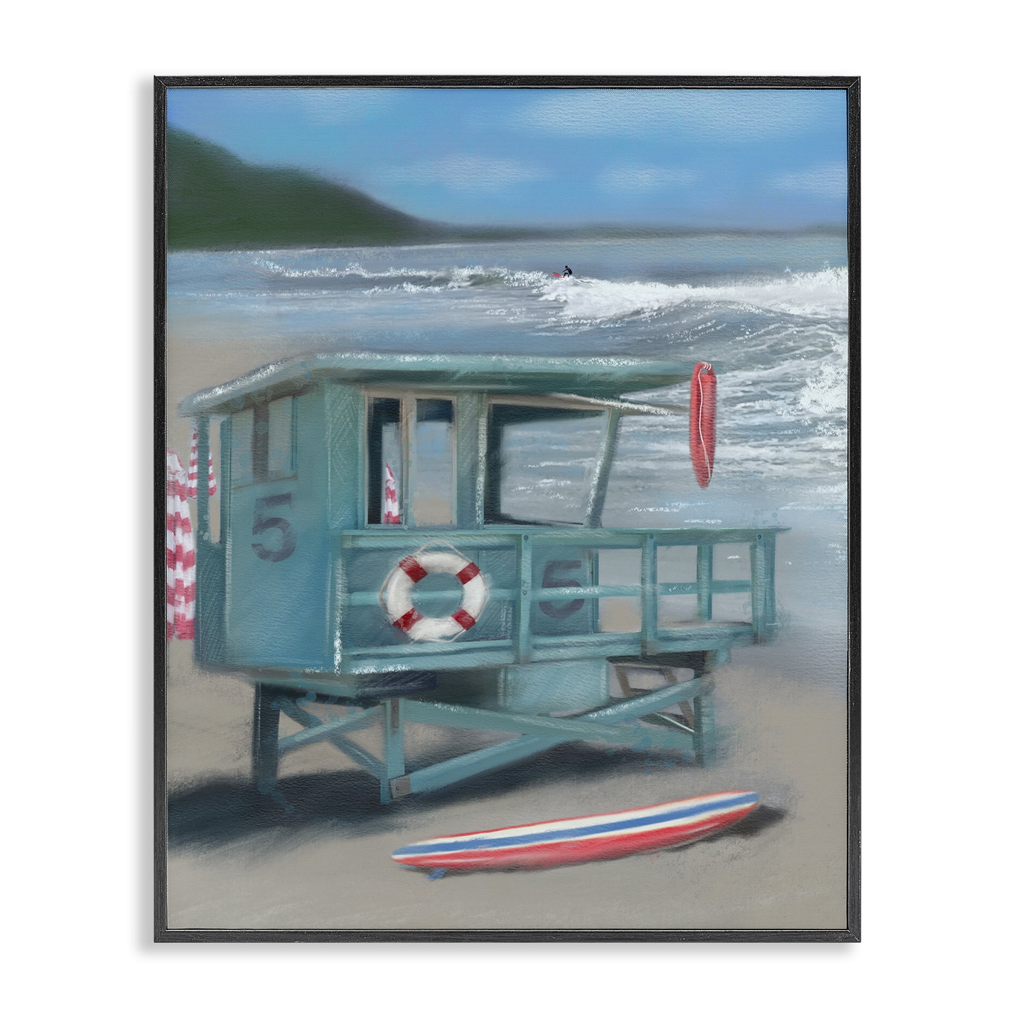 Stupell Industries Lifeguard Stand on Shore Coastal Painting Black Framed Art Print Wall Art, 16 x 20