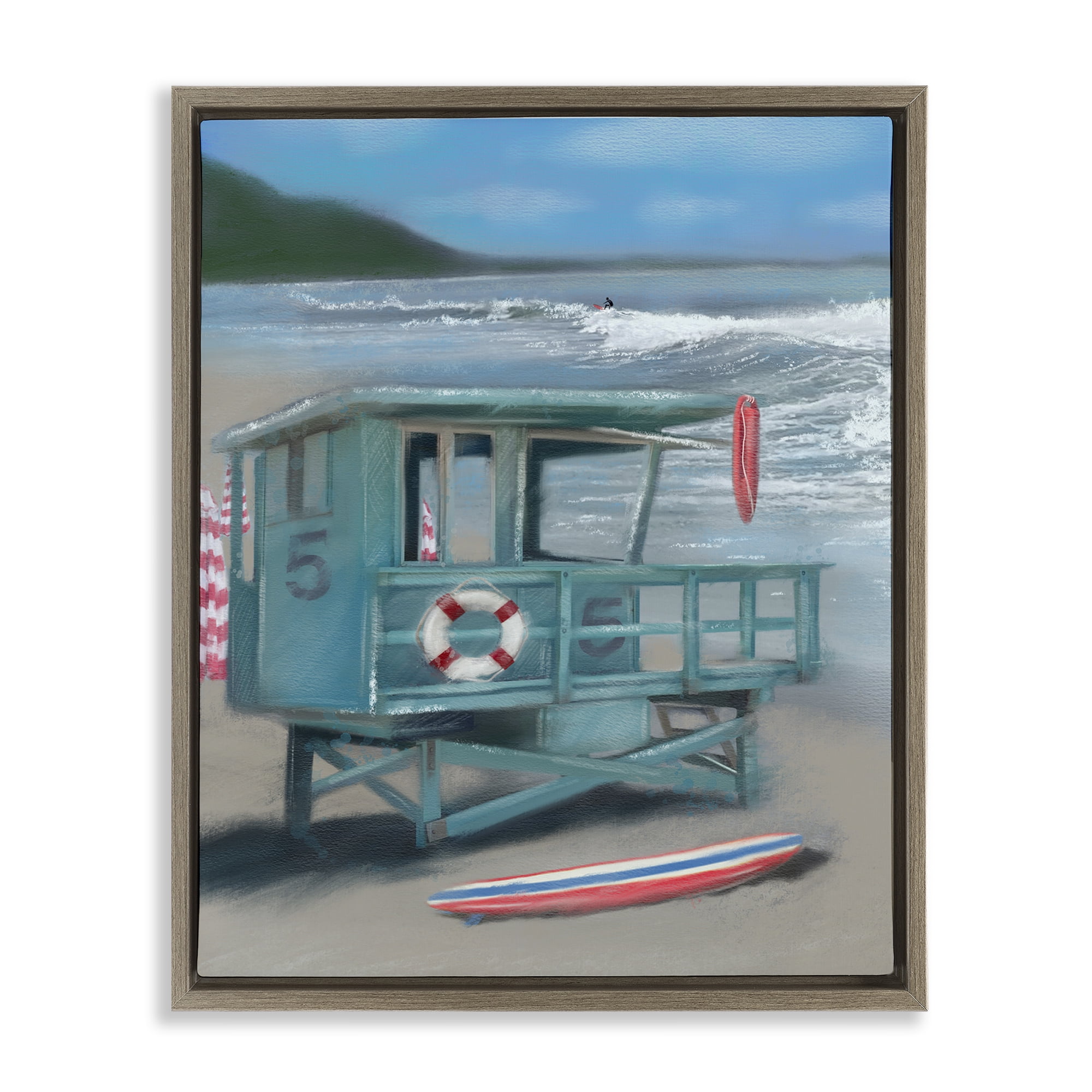 Stupell Industries Lifeguard Stand on Shore Coastal Painting Brown Floater Framed Canvas Art Print Wall Art, 25 x 31