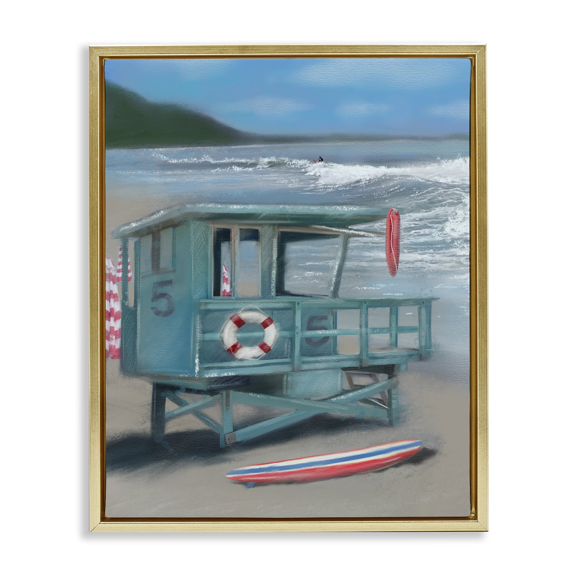 Stupell Industries Lifeguard Stand on Shore Coastal Painting Gold Floater Framed Canvas Art Print Wall Art, 17 x 21