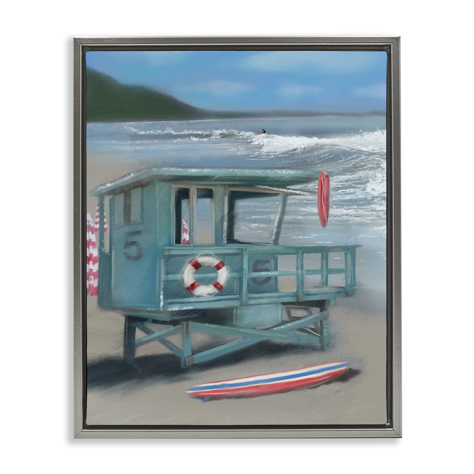 Stupell Industries Lifeguard Stand on Shore Coastal Painting Gray Floater Framed Canvas Art Print Wall Art, 17 x 21