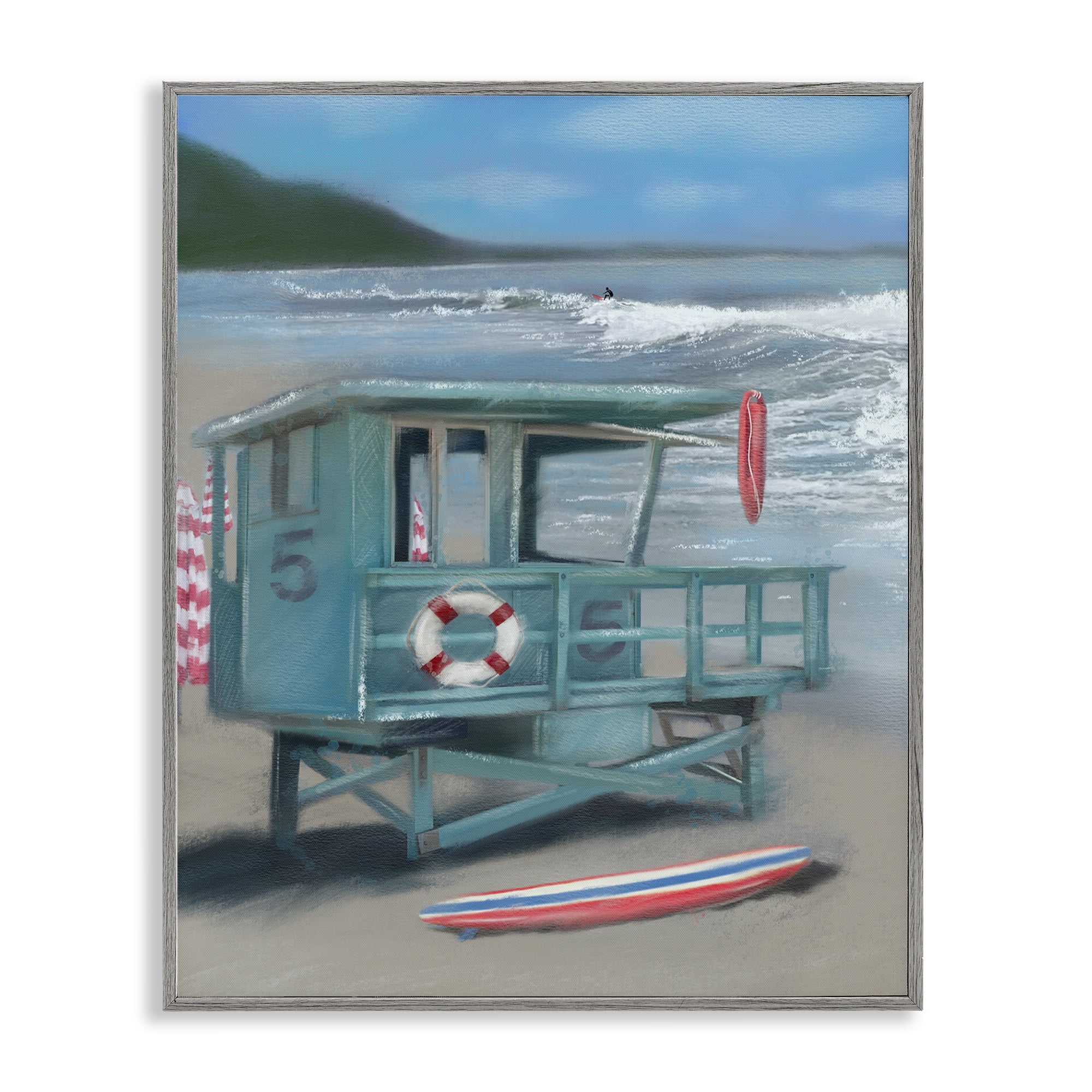 Stupell Industries Lifeguard Stand on Shore Coastal Painting Gray Framed Art Print Wall Art, 24 x 30