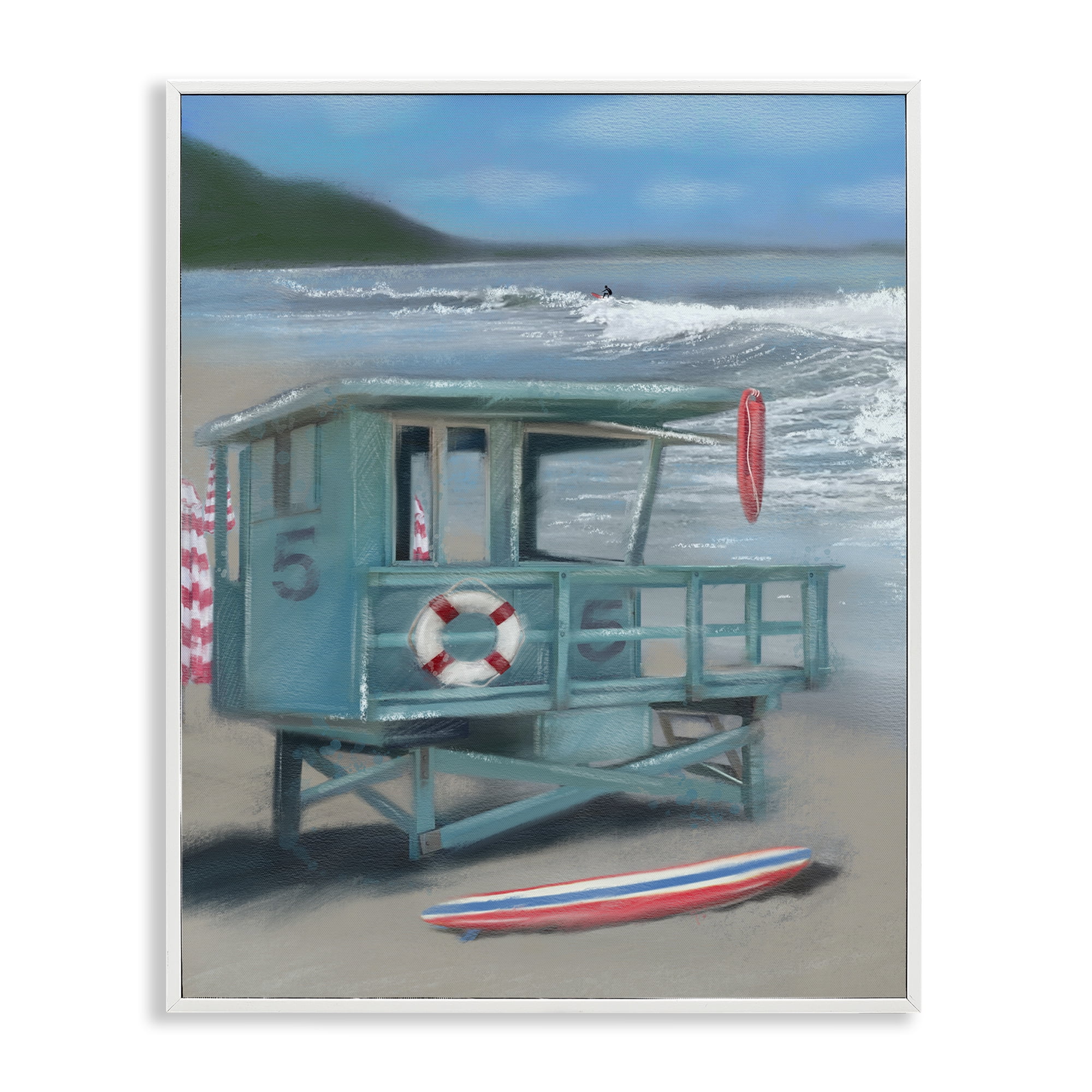Stupell Industries Lifeguard Stand on Shore Coastal Painting White Framed Art Print Wall Art, 16 x 20