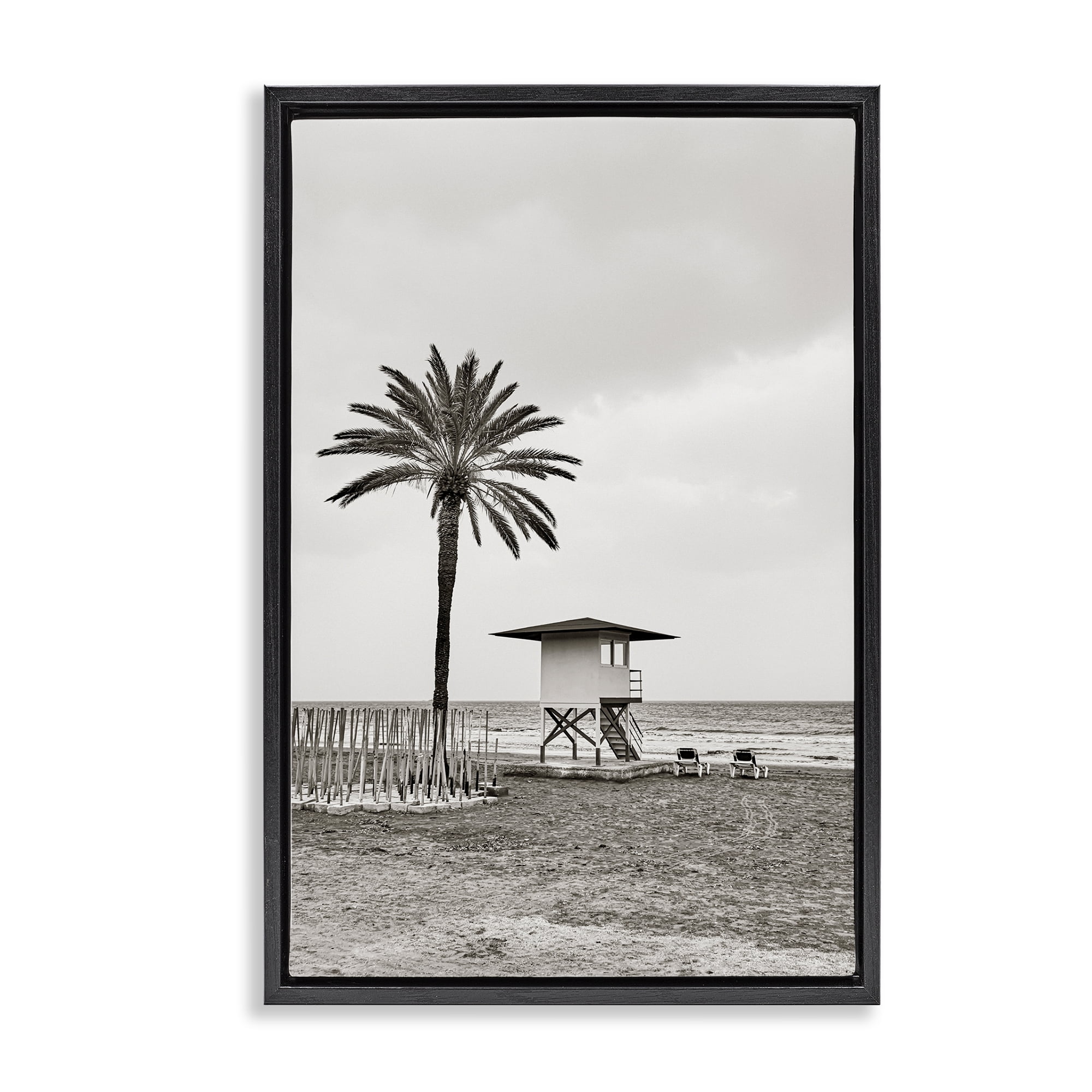 Stupell Industries Lifeguard Tower & Palm Landscape & Nature Photography Black Floater Framed Canvas Art Print Wall Art, 21 x 31