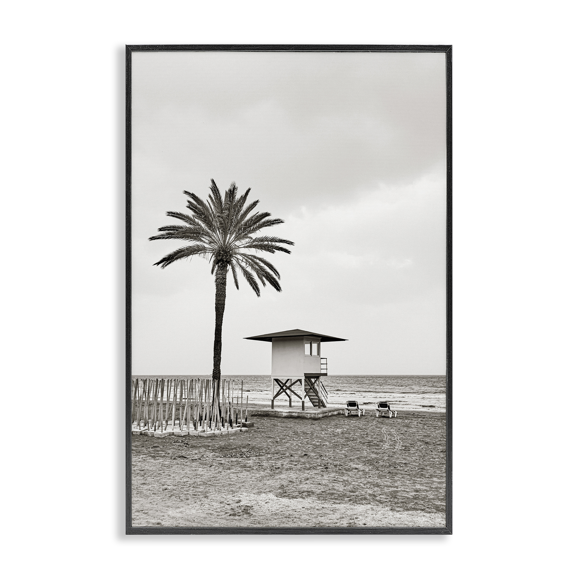 Stupell Industries Lifeguard Tower & Palm Landscape & Nature Photography Black Framed Art Print Wall Art, 12 x 18