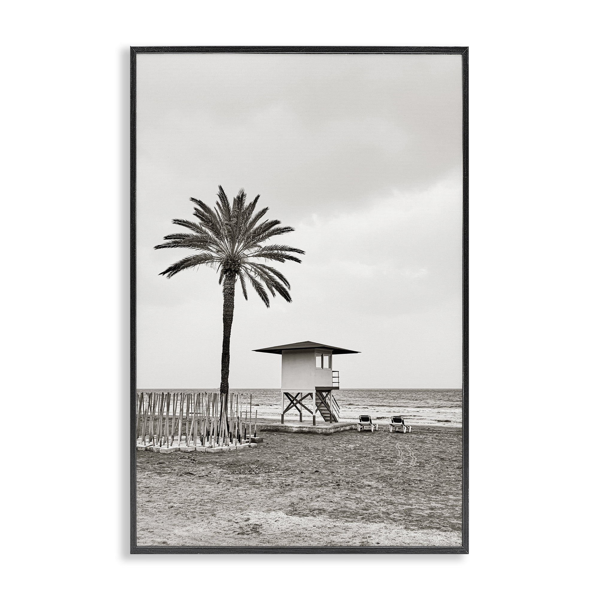 Stupell Industries Lifeguard Tower & Palm Landscape & Nature Photography Black Framed Art Print Wall Art, 16 x 24