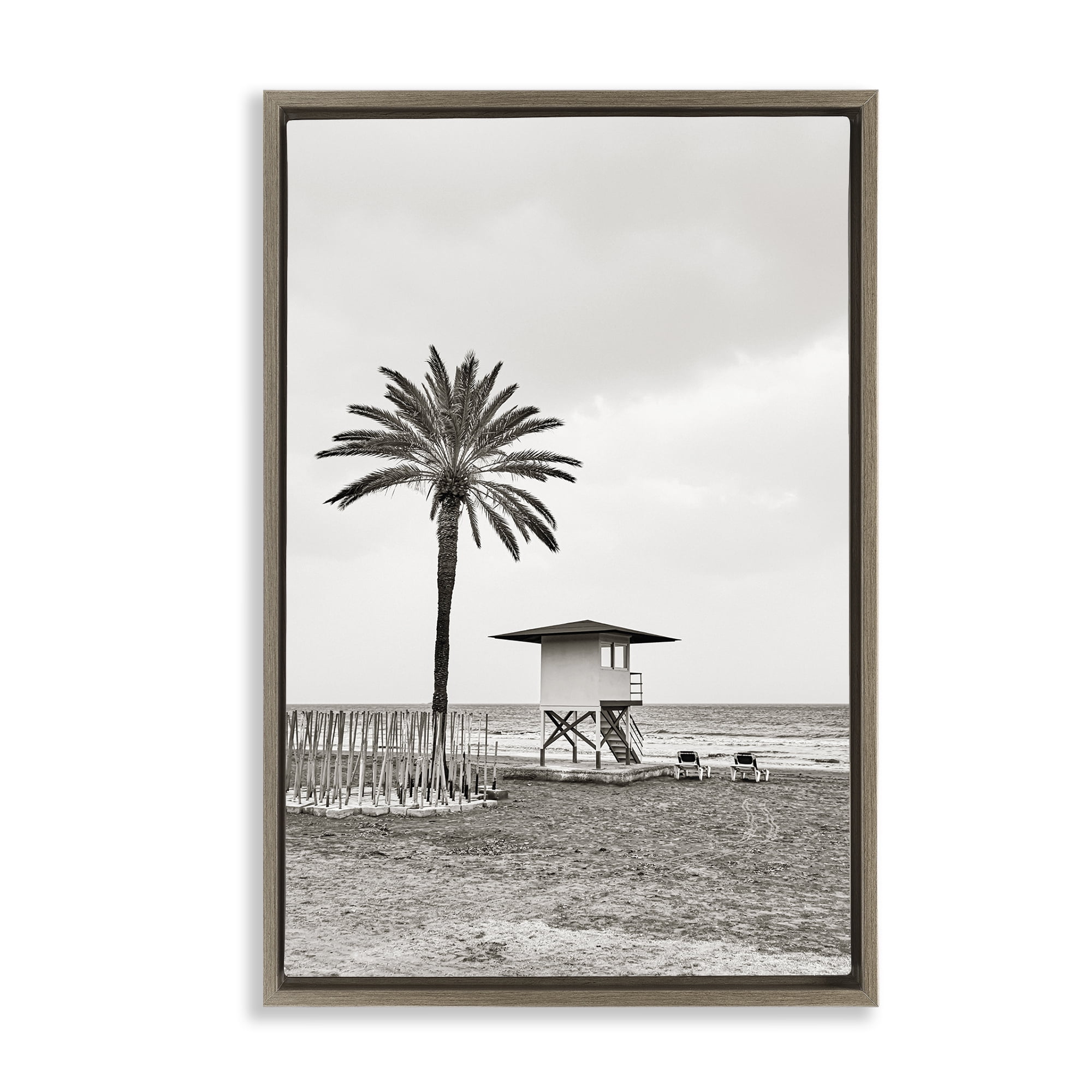 Stupell Industries Lifeguard Tower & Palm Landscape & Nature Photography Brown Floater Framed Canvas Art Print Wall Art, 17 x 25