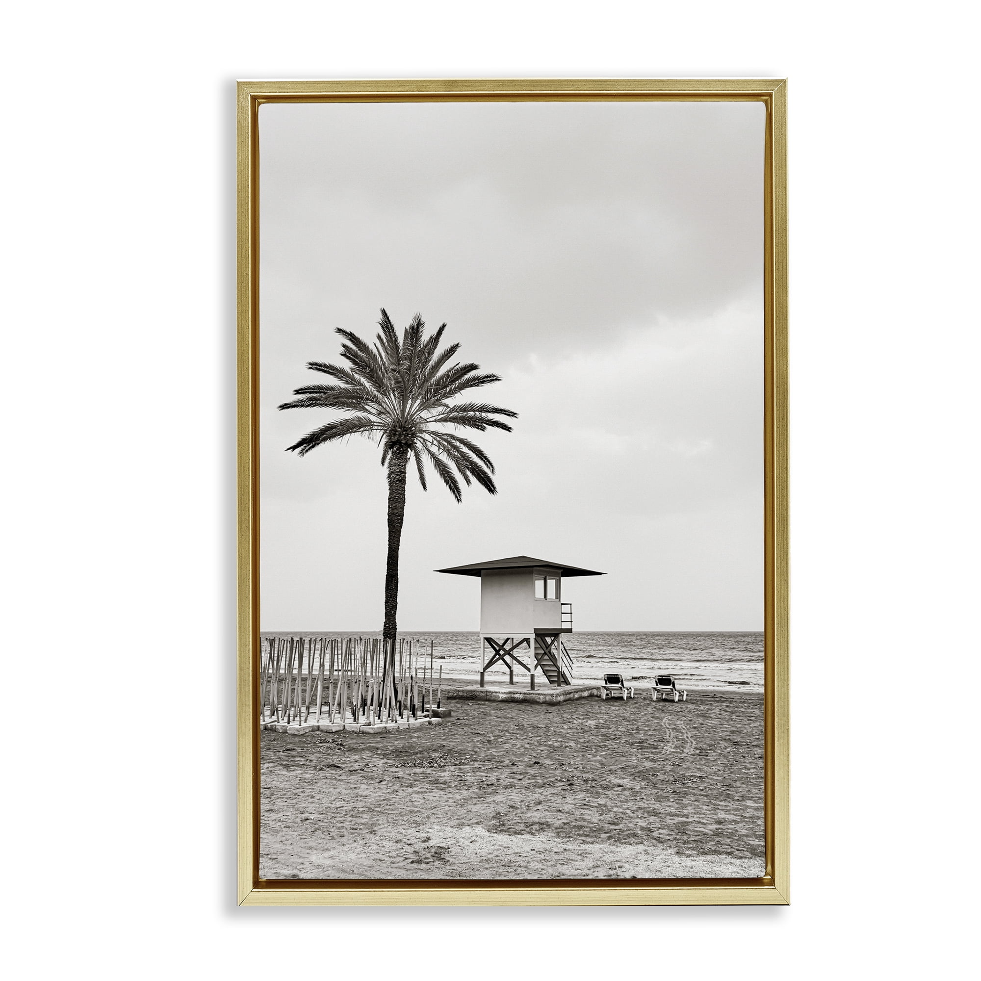 Stupell Industries Lifeguard Tower & Palm Landscape & Nature Photography Gold Floater Framed Canvas Art Print Wall Art, 17 x 25