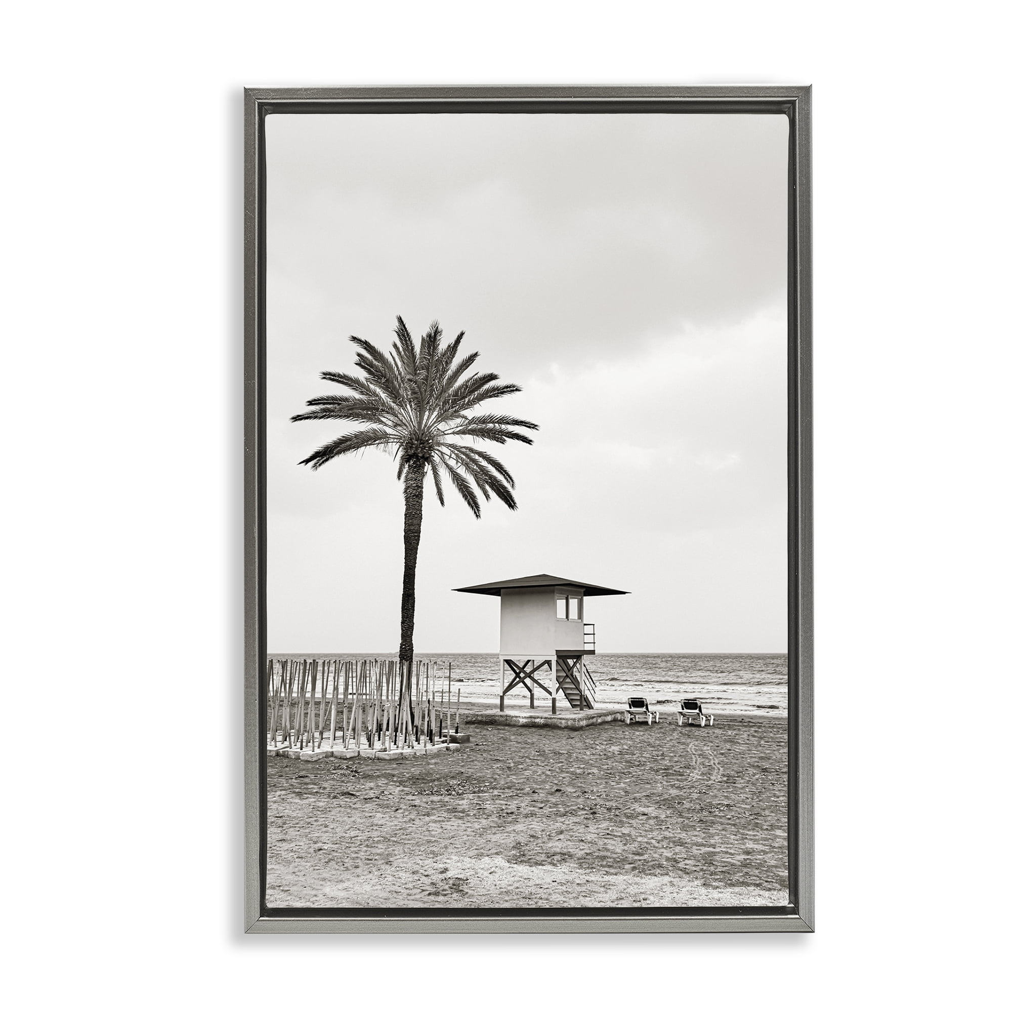 Stupell Industries Lifeguard Tower & Palm Landscape & Nature Photography Gray Floater Framed Canvas Art Print Wall Art, 17 x 25