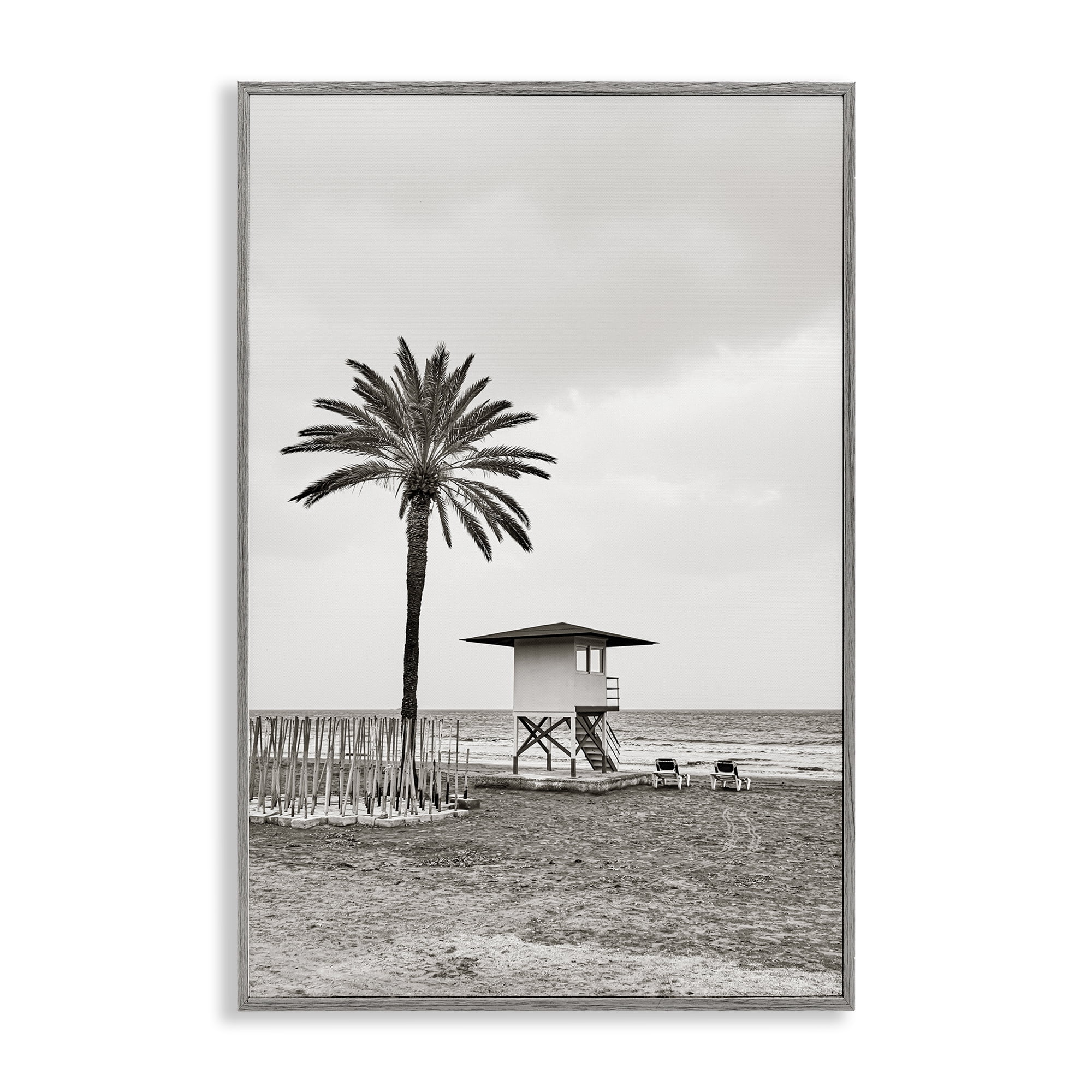 Stupell Industries Lifeguard Tower & Palm Landscape & Nature Photography Gray Framed Art Print Wall Art, 20 x 30