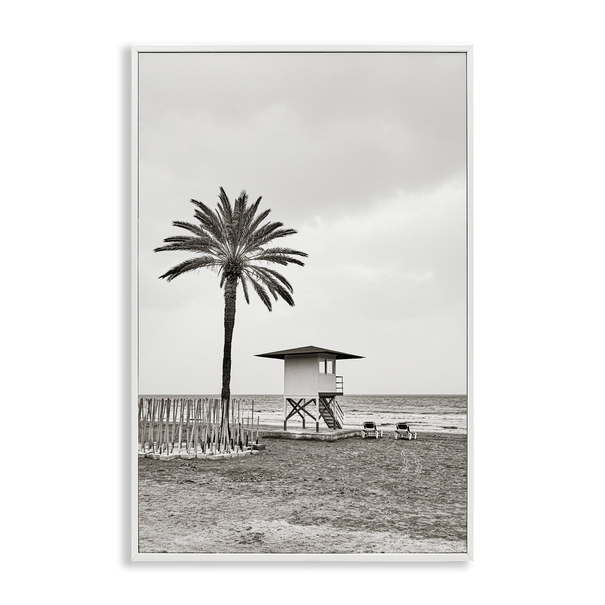 Stupell Industries Lifeguard Tower & Palm Landscape & Nature Photography White Framed Art Print Wall Art, 16 x 24