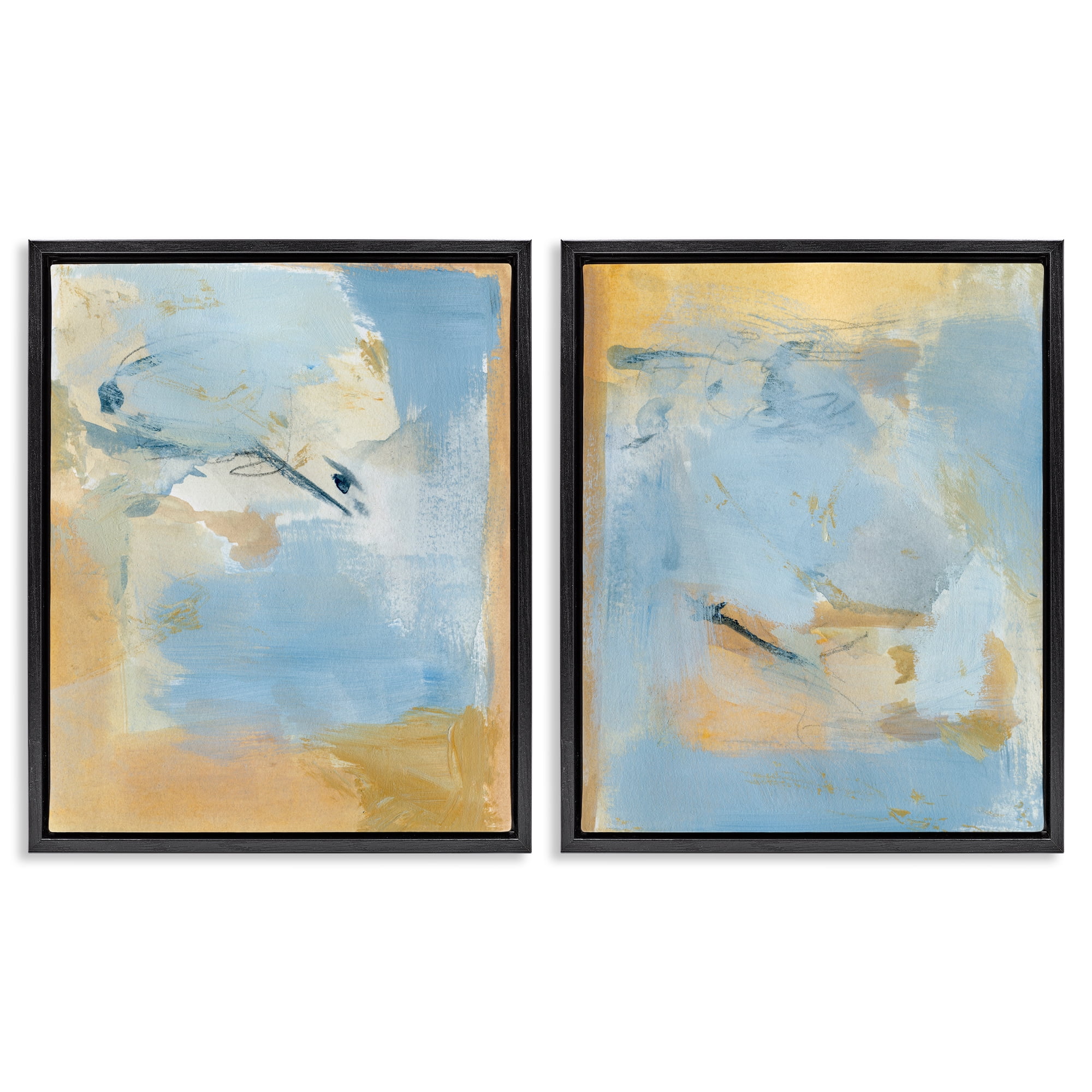 Stupell Industries Light Blue Pastel Gold Abstract Painting Black Floater Framed Canvas Art Print Wall Art, 31 x 25, Set of 2