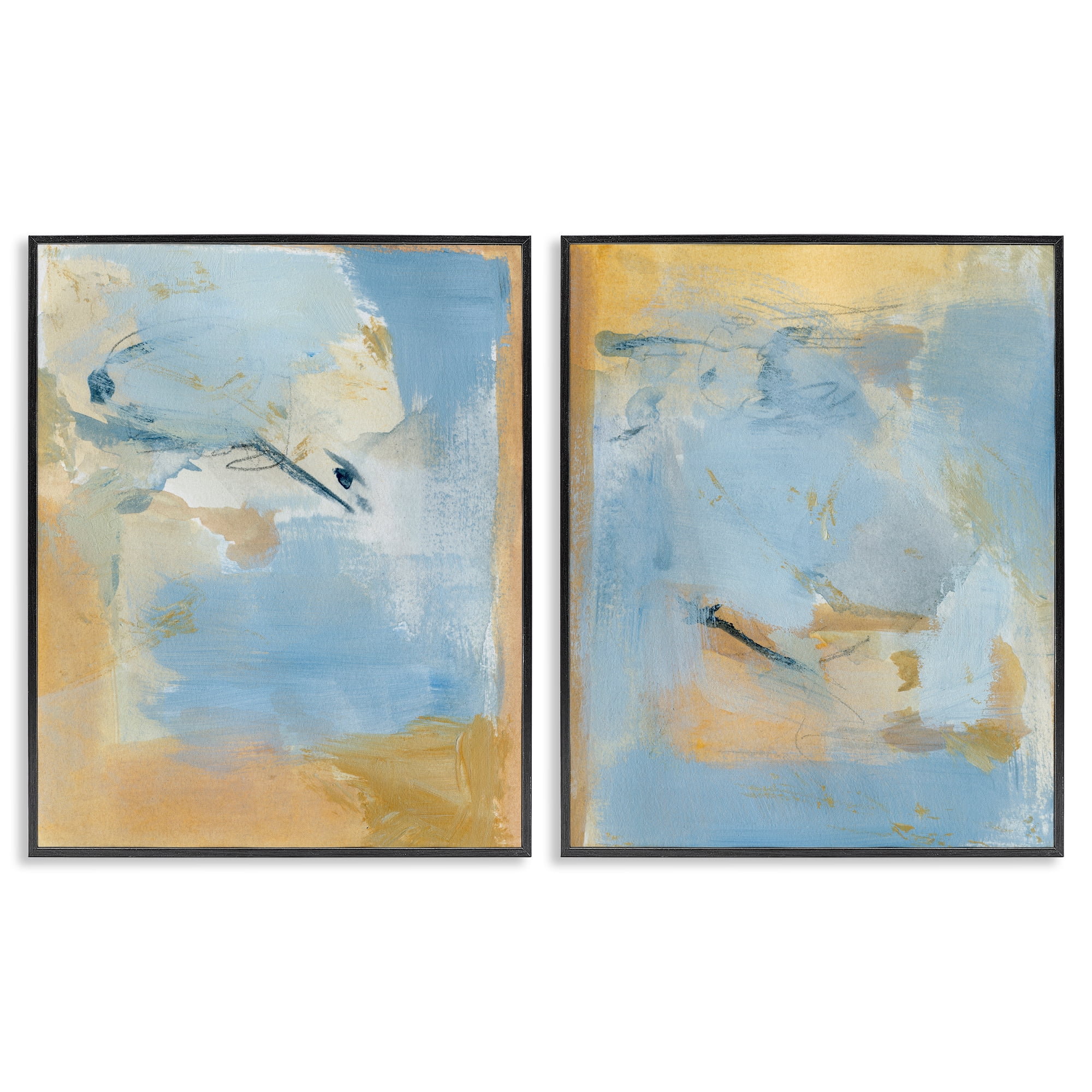 Stupell Industries Light Blue Pastel Gold Abstract Painting Black Framed Art Print Wall Art, 16 x 20, Set of 2