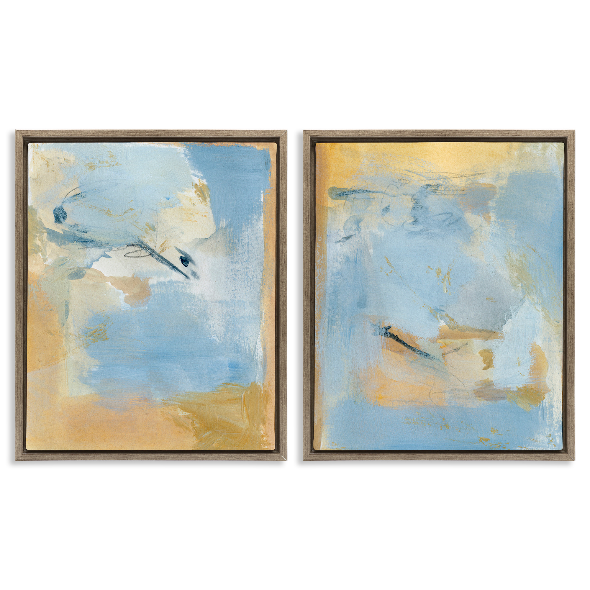 Stupell Industries Light Blue Pastel Gold Abstract Painting Brown Floater Framed Canvas Art Print Wall Art, 31 x 25, Set of 2