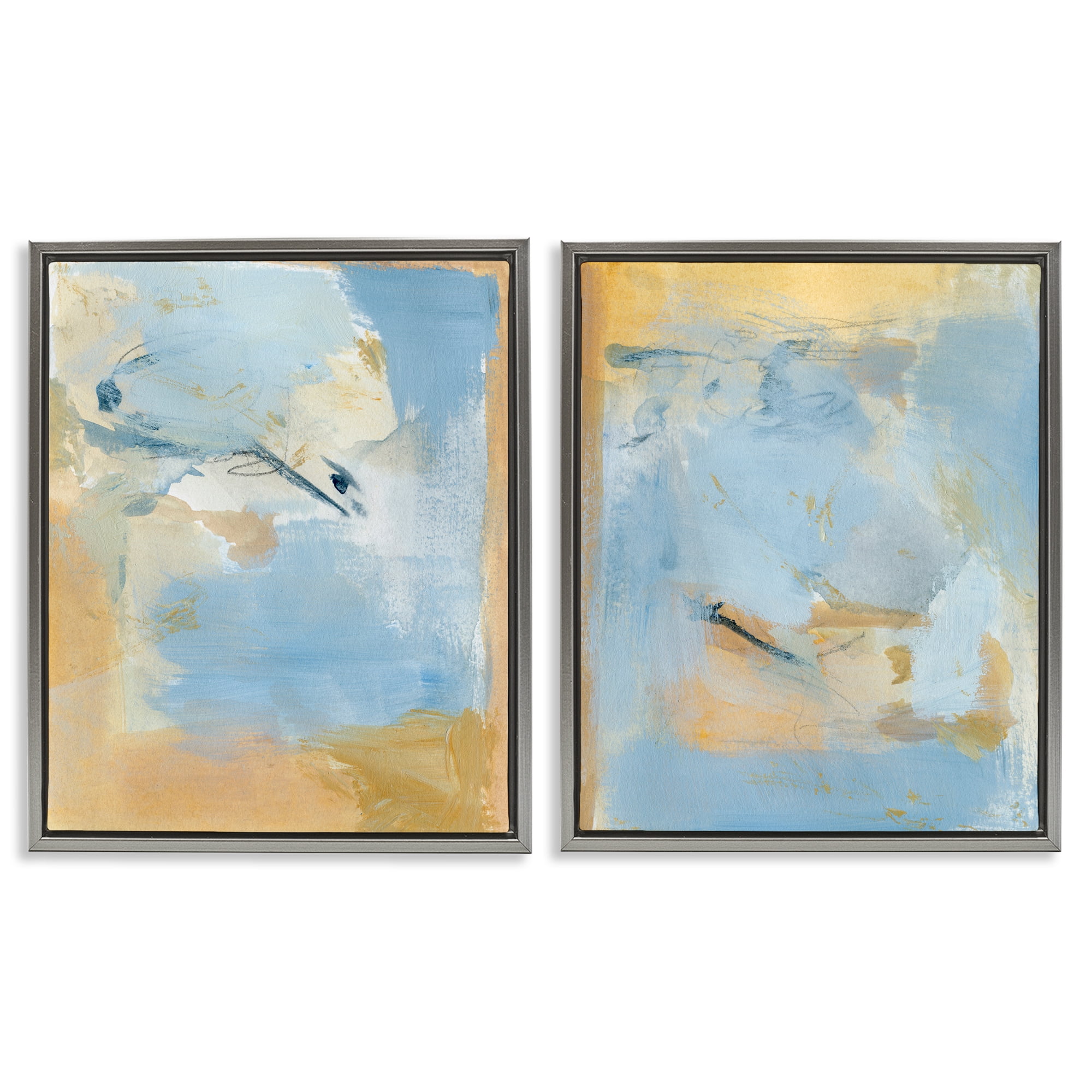 Stupell Industries Light Blue Pastel Gold Abstract Painting Gray Floater Framed Canvas Art Print Wall Art, 31 x 25, Set of 2