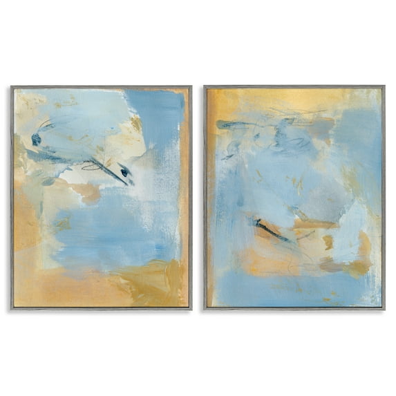 Stupell Industries Light Blue Pastel Gold Abstract Painting Gray Framed Art Print Wall Art, 11 x 14, Set of 2