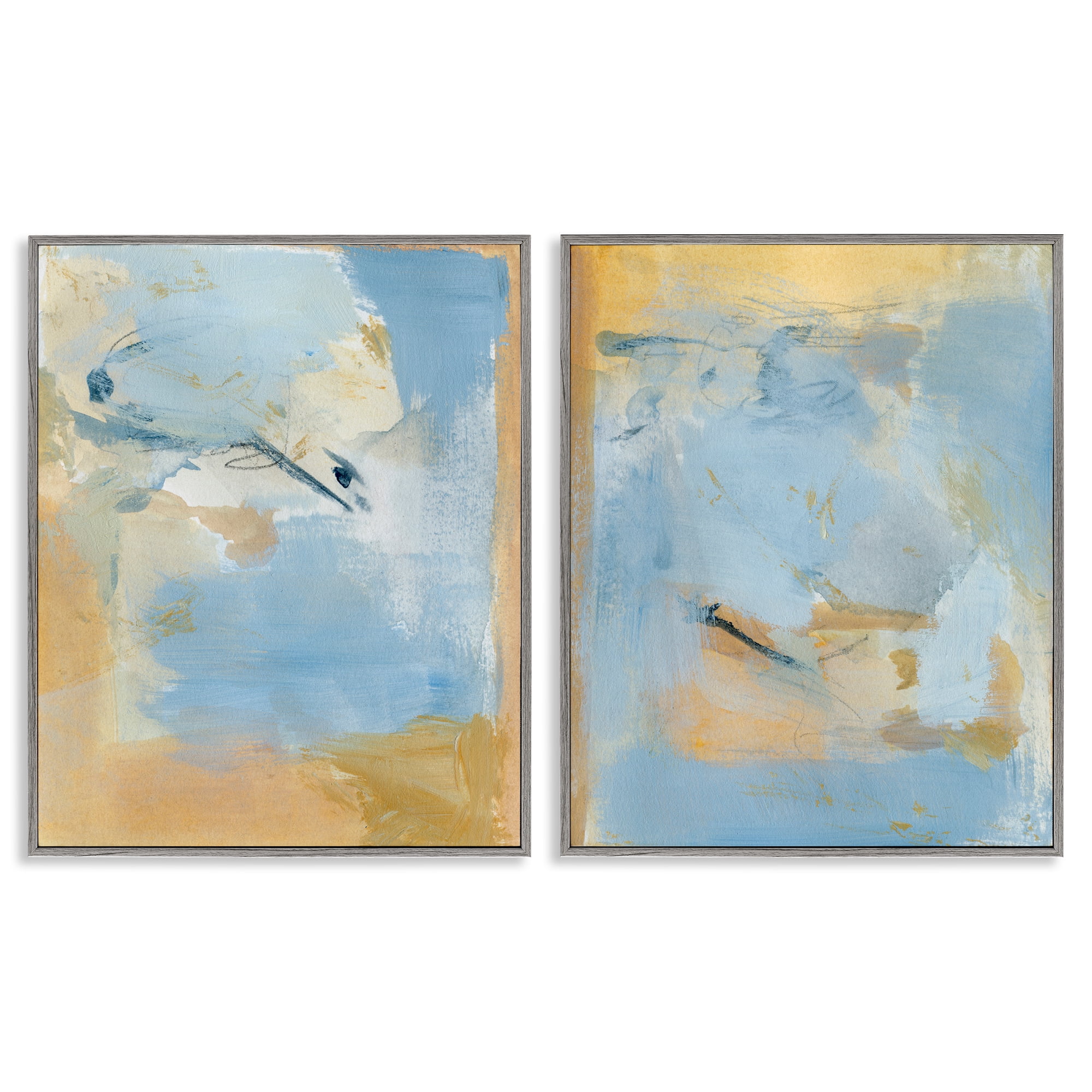 Stupell Industries Light Blue Pastel Gold Abstract Painting Gray Framed Art Print Wall Art, 24 x 30, Set of 2